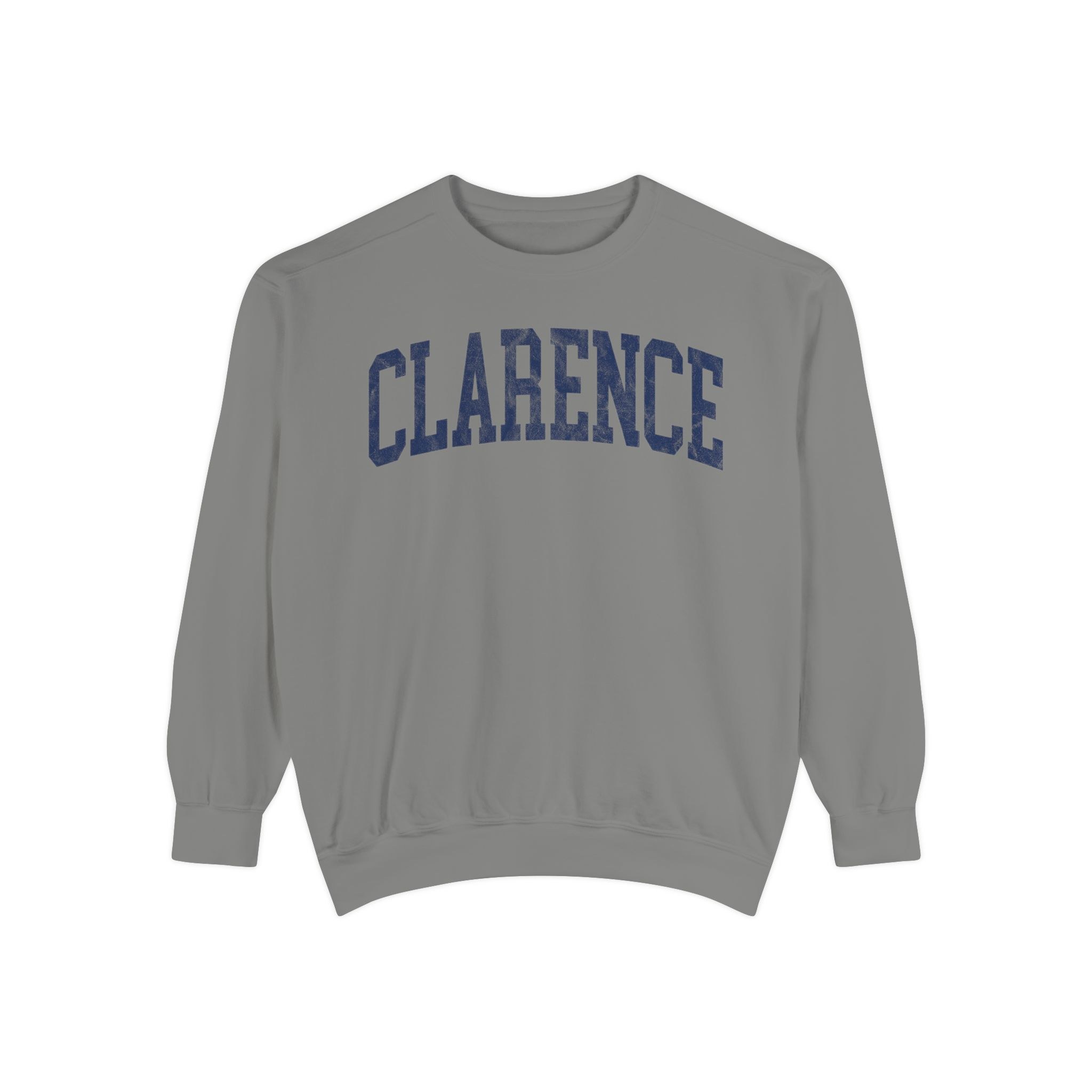Clarence Garment-Dyed Crewneck in Dusting, front — CLARENCE lettering
