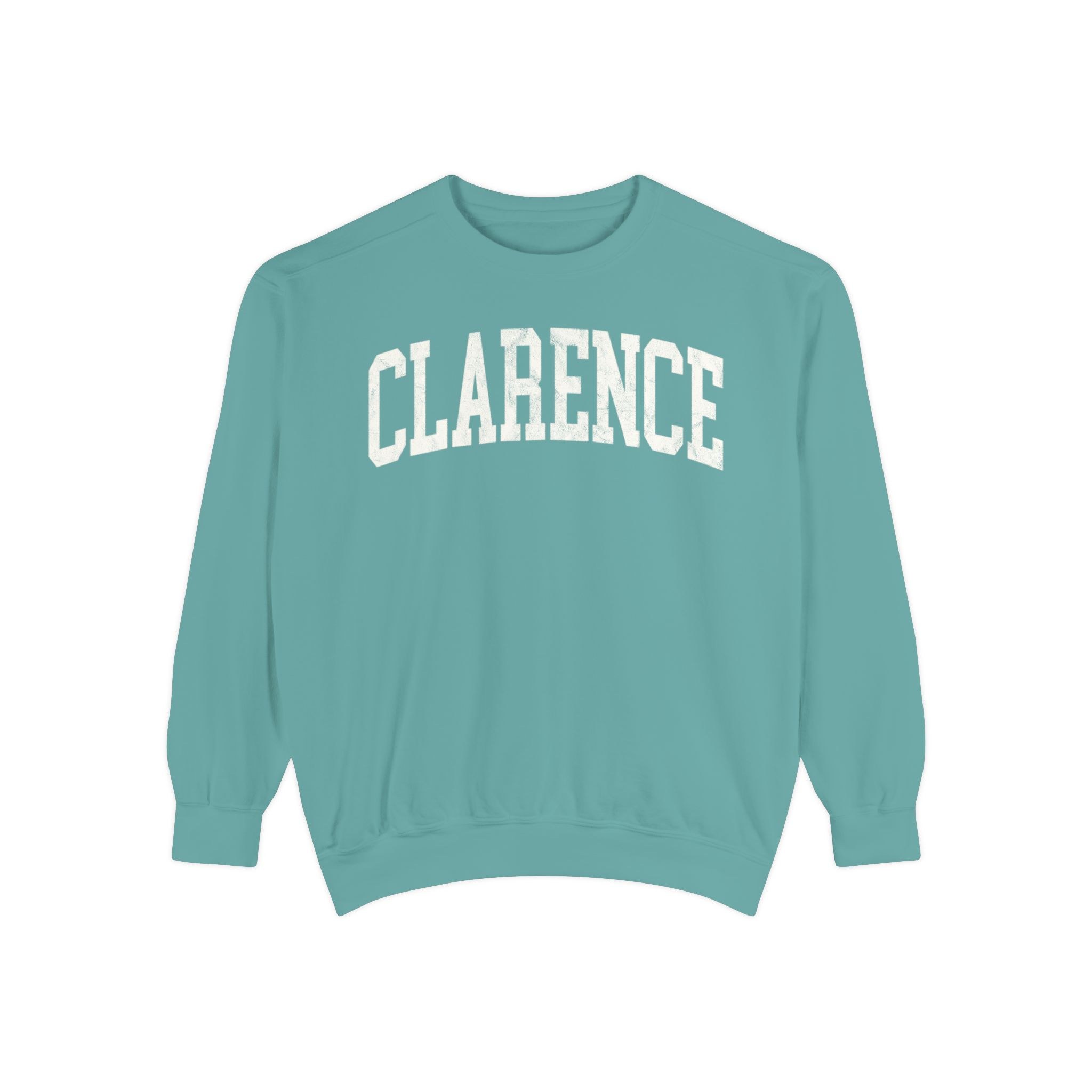 Clarence Garment-Dyed Crewneck in Erie Blue, front — CLARENCE lettering