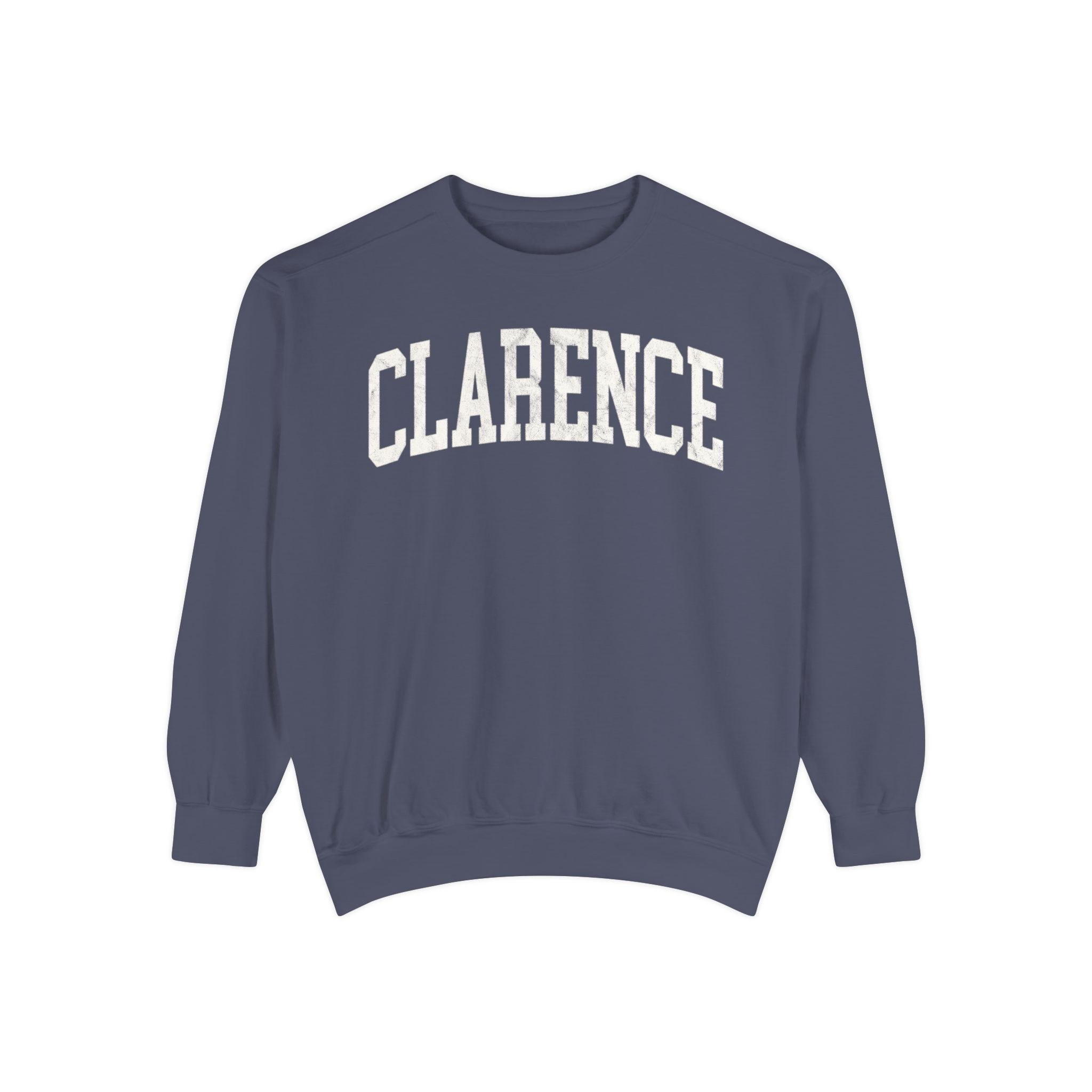 Clarence Garment-Dyed Crewneck in Predawn, front — CLARENCE lettering