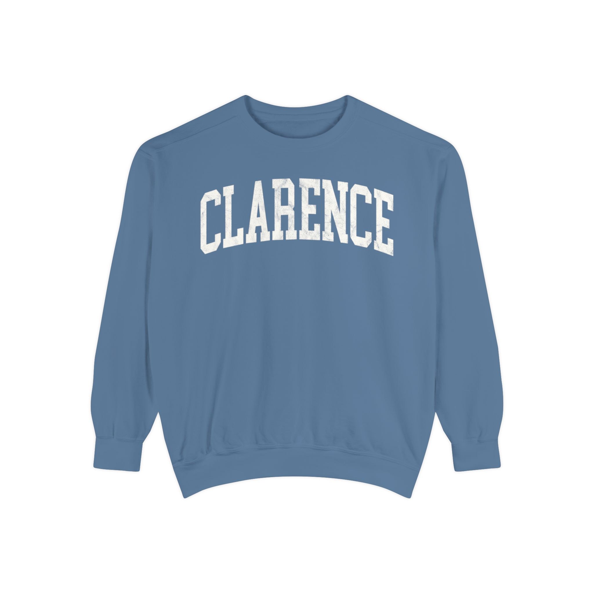 Clarence Garment-Dyed Crewneck in Samantha Blue, front — CLARENCE lettering