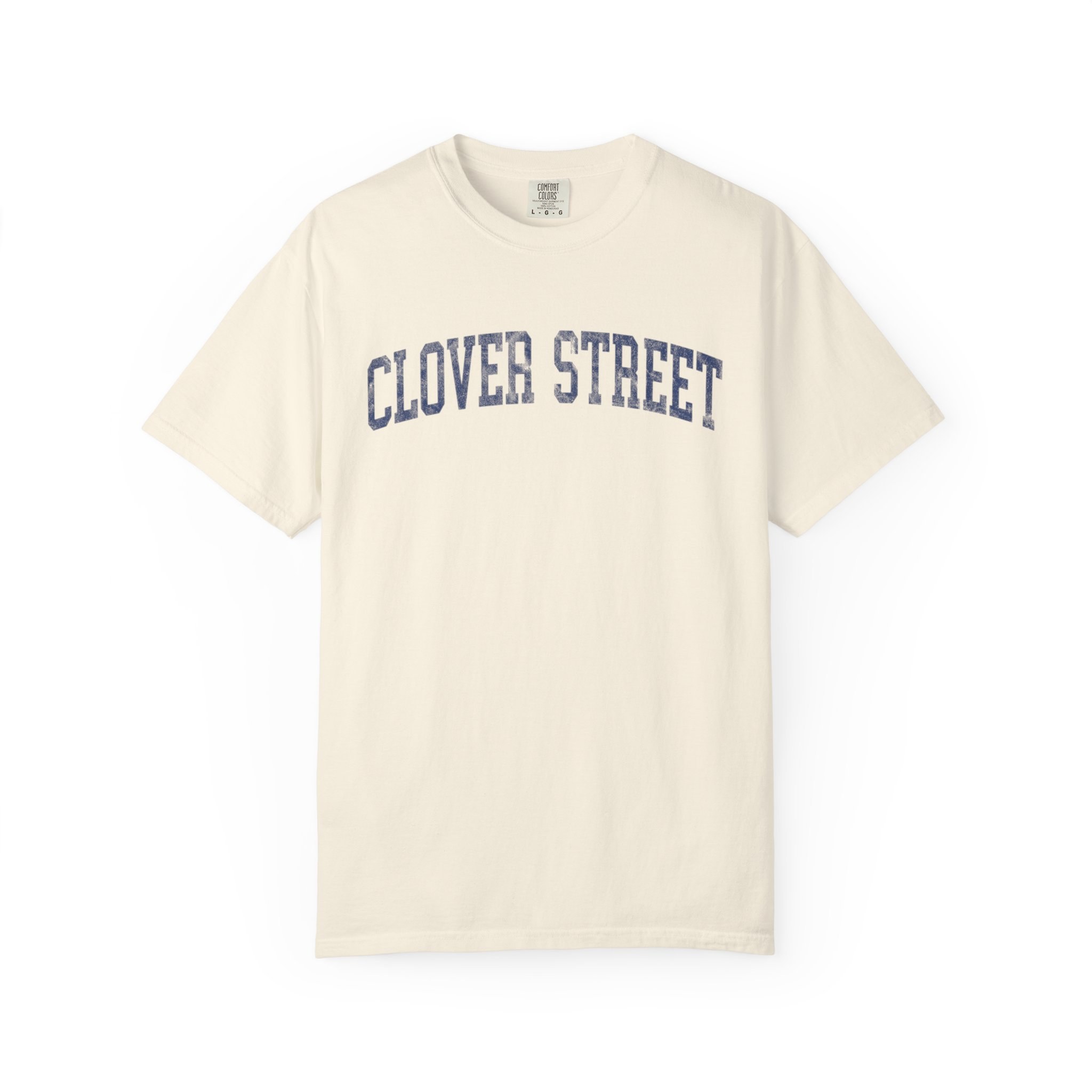 Clover Street Garment-Dyed Tee in Crème Fraîche, front — CLOVER STREET lettering