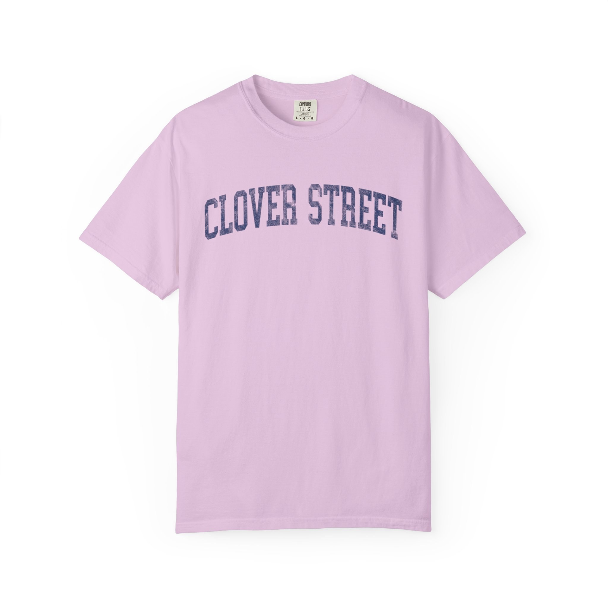 Clover Street Garment-Dyed Tee in Lilac Szn, front — CLOVER STREET lettering