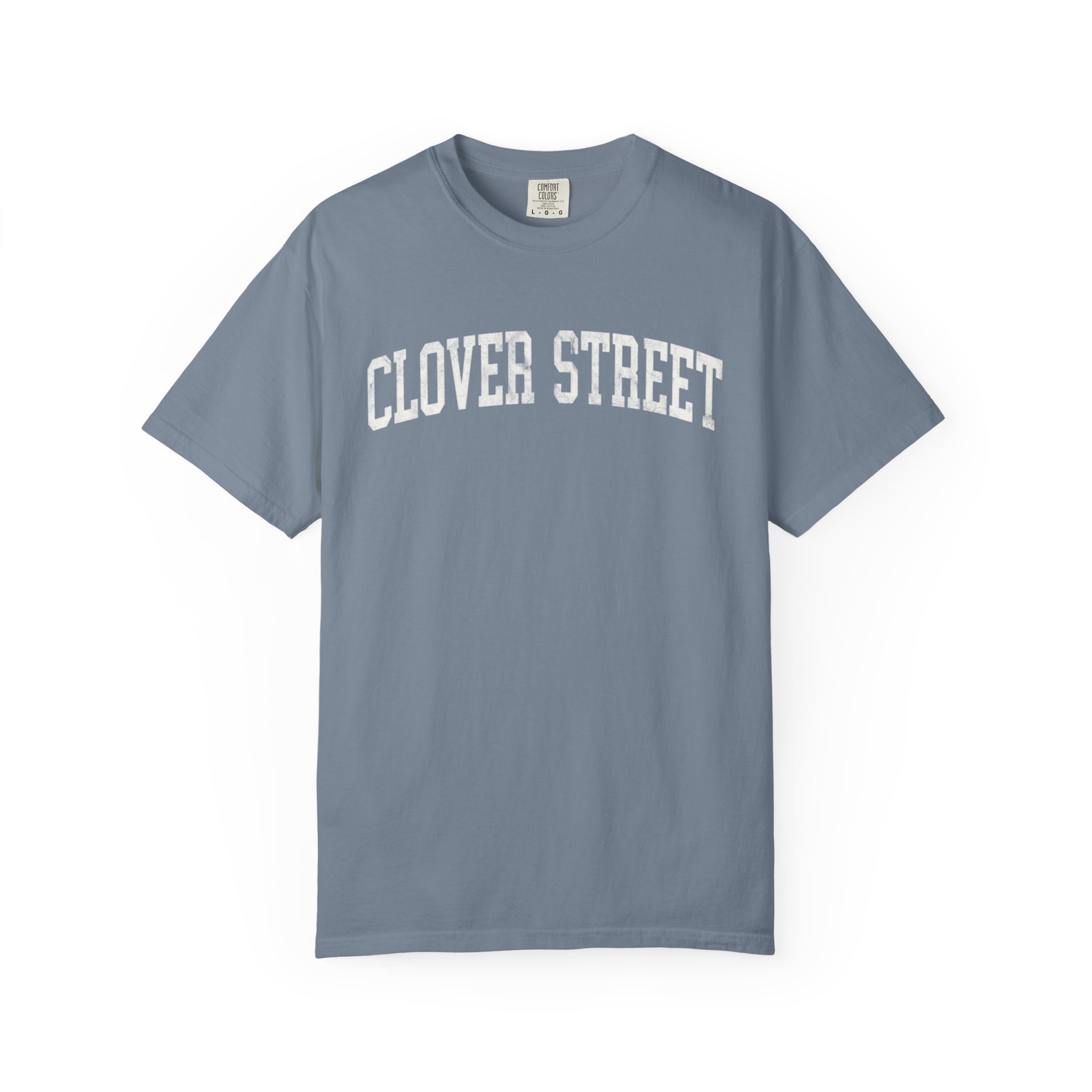 Clover Street Garment-Dyed Tee in Samantha Blue, front — CLOVER STREET lettering