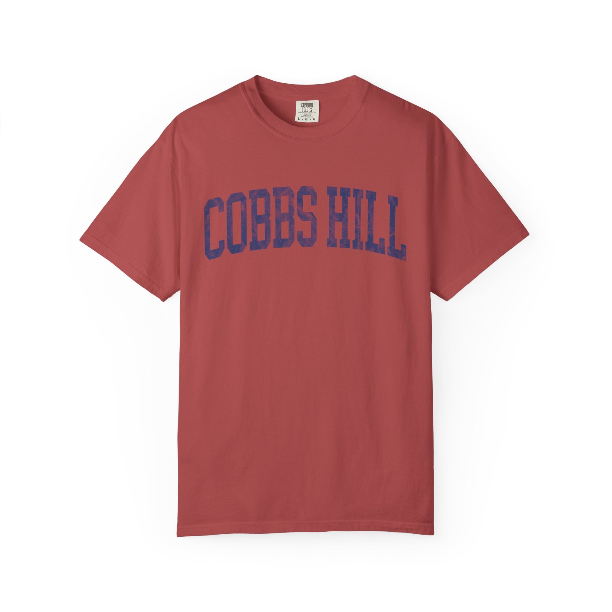 Cobbs Hill Garment-Dyed Tee in Collegiate Crimson, front — COBBS HILL lettering