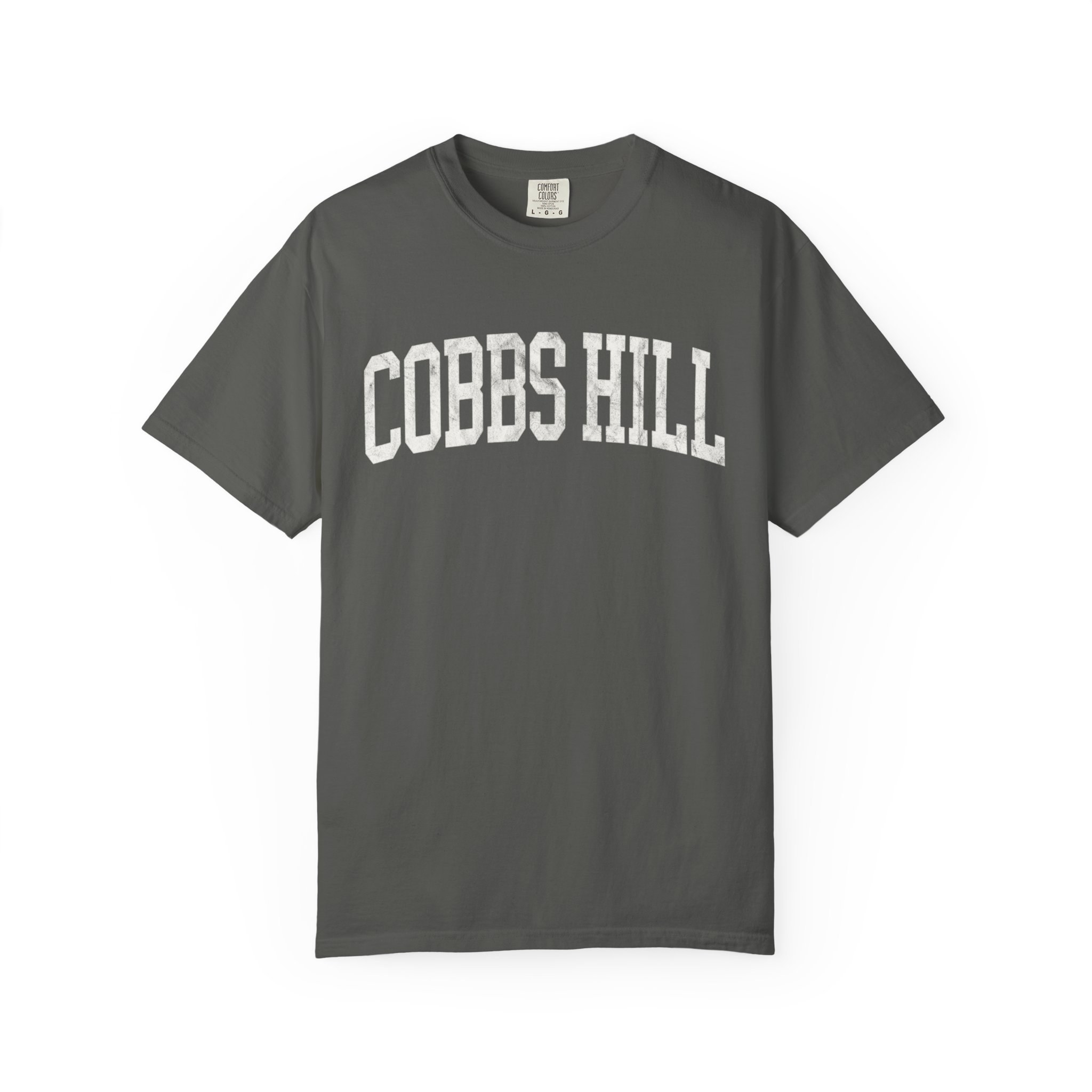Cobbs Hill Garment-Dyed Tee in Concrete, front — COBBS HILL lettering