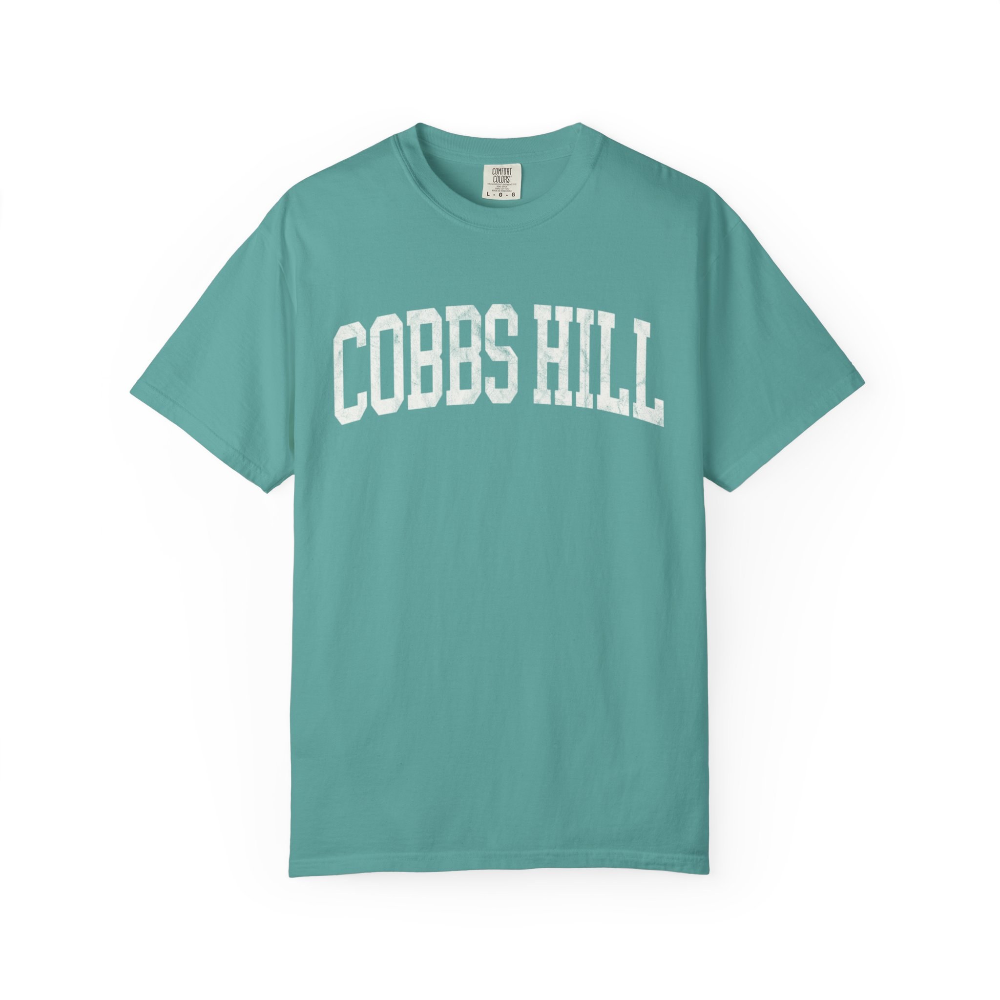 Cobbs Hill Garment-Dyed Tee in Erie Blue, front — COBBS HILL lettering