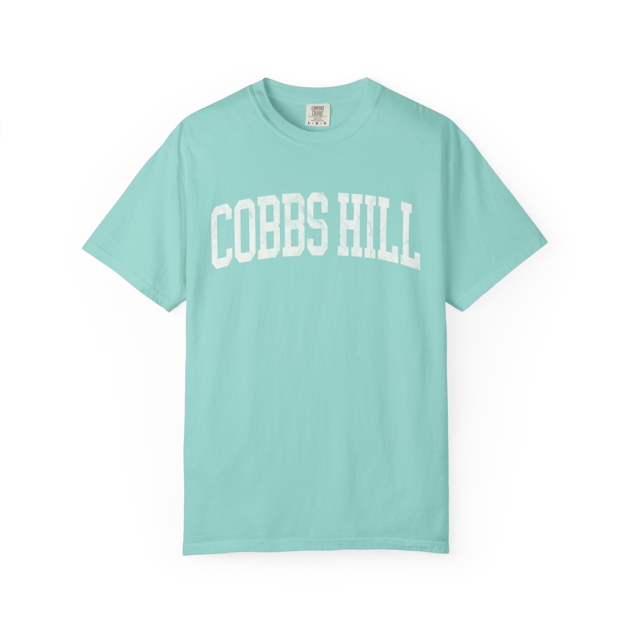 Cobbs Hill Garment-Dyed Tee in Light Ice, front — COBBS HILL lettering
