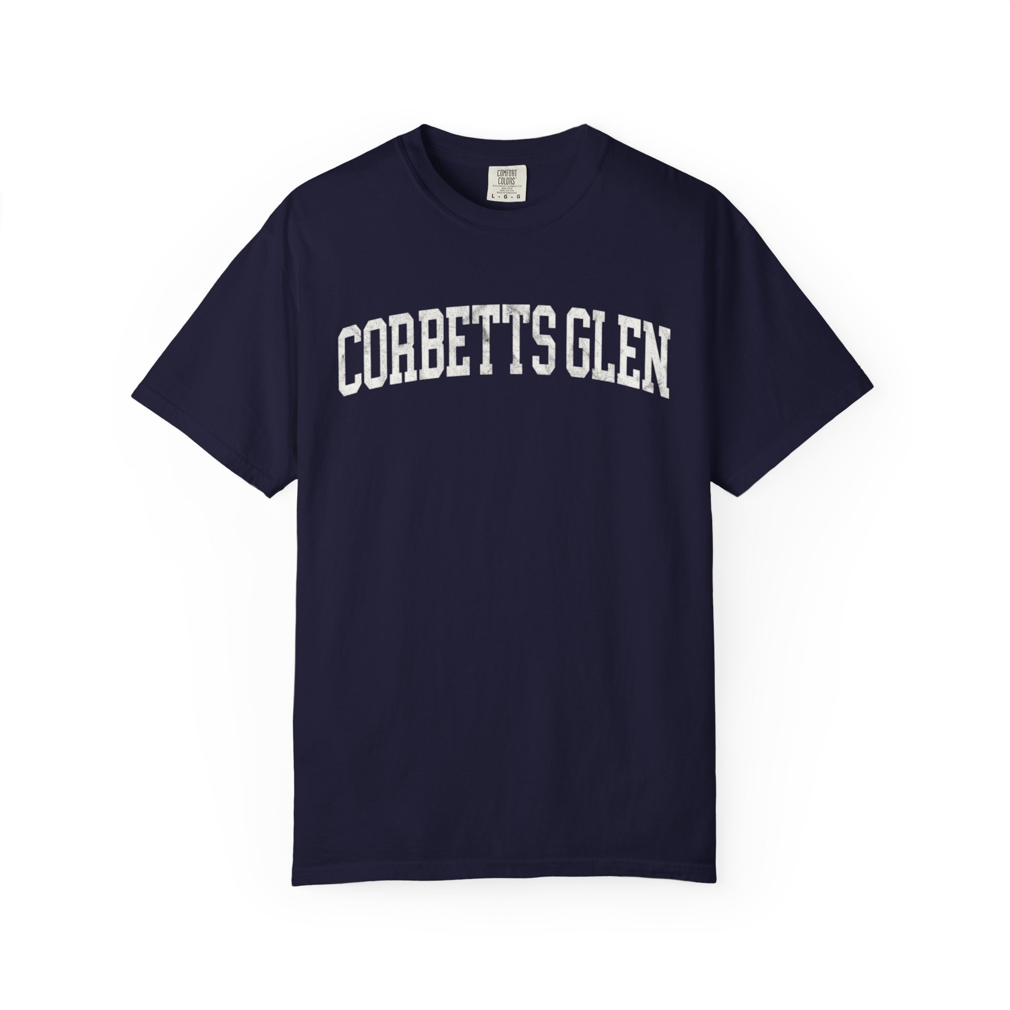 Corbetts Glen Garment-Dyed Tee in Boathouse Blue, front — CORBETTS GLEN lettering