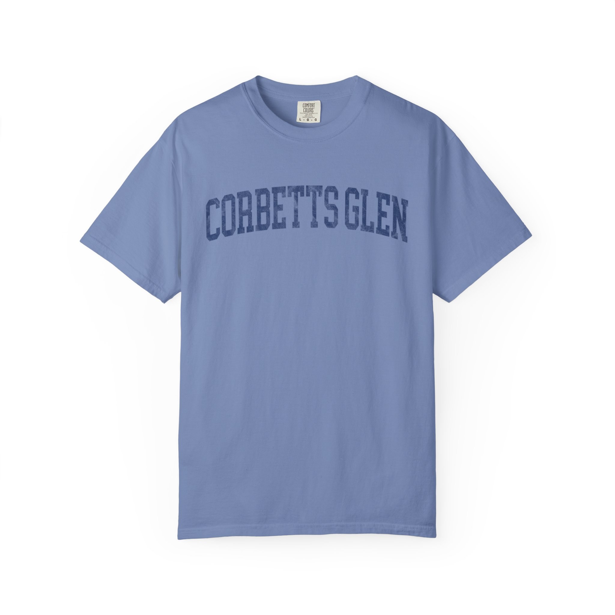 Corbetts Glen Garment-Dyed Tee in Faded Predawn, front — CORBETTS GLEN lettering