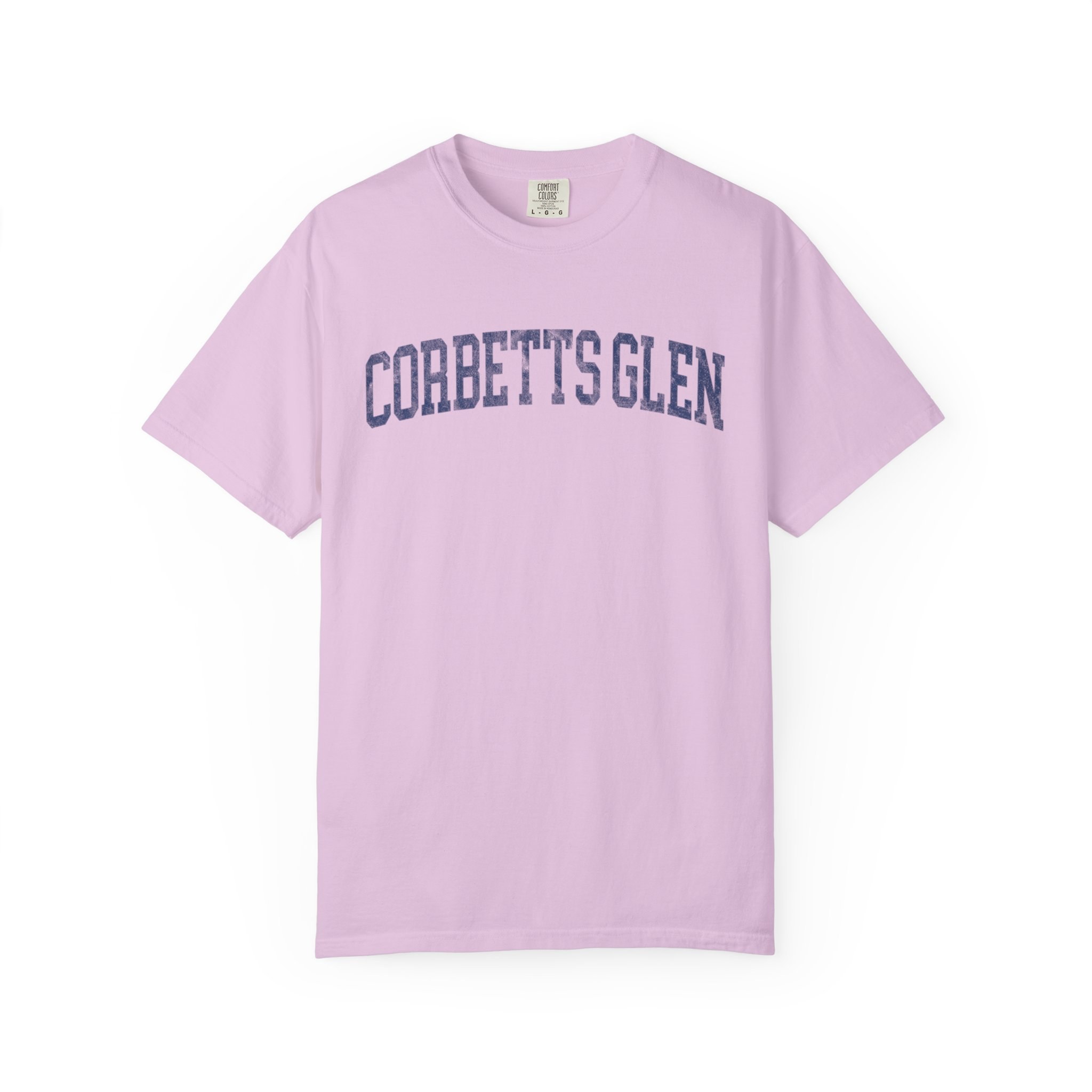 Corbetts Glen Garment-Dyed Tee in Lilac Szn, front — CORBETTS GLEN lettering