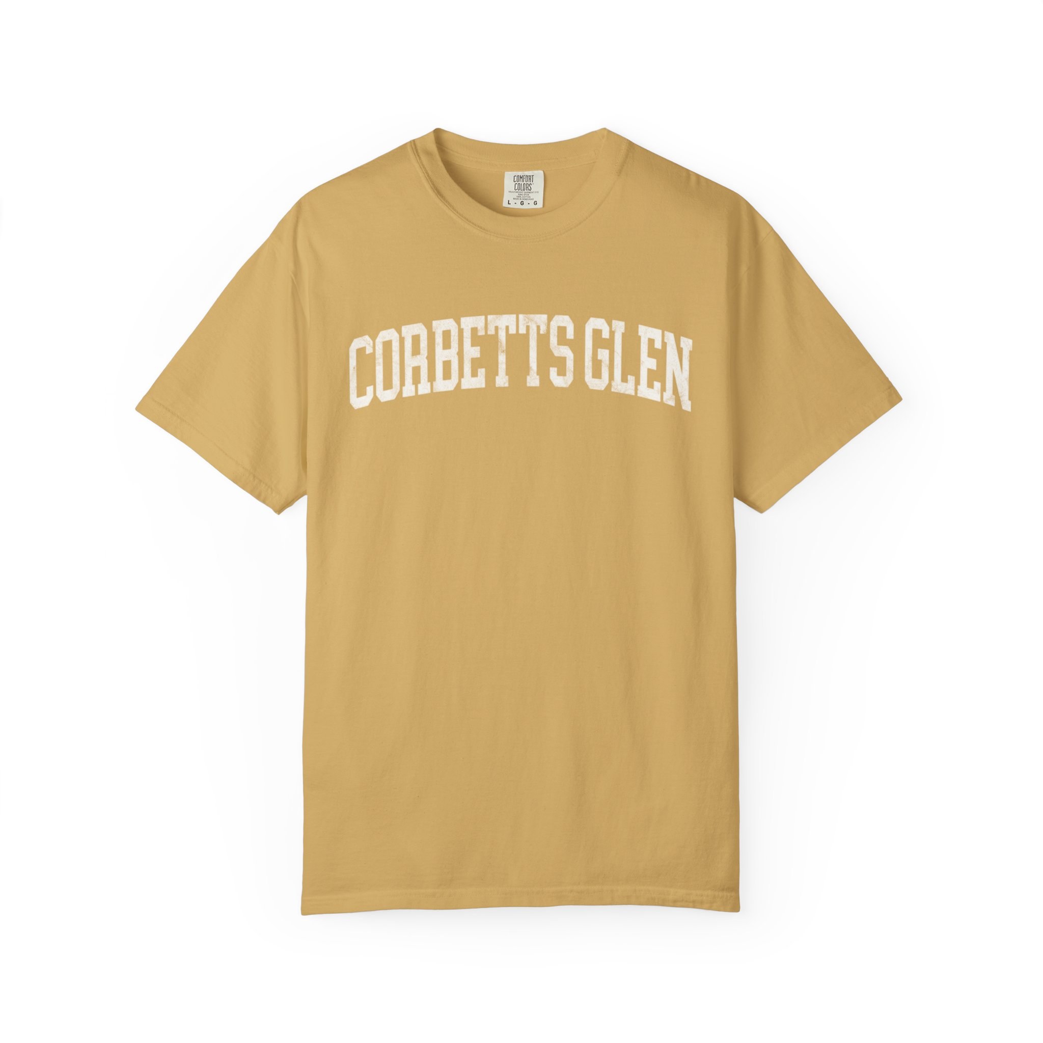 Corbetts Glen Garment-Dyed Tee in Pasta Wheat, front — CORBETTS GLEN lettering