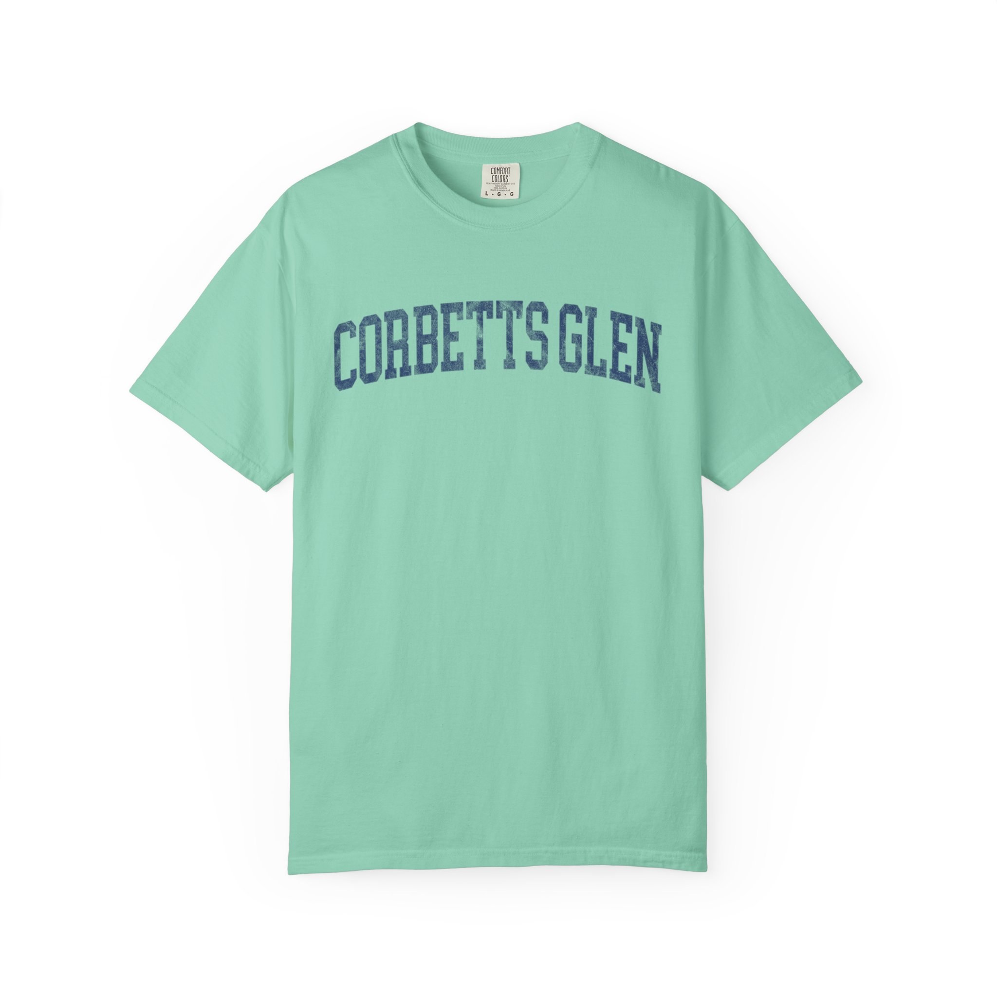 Corbetts Glen Garment-Dyed Tee in Teal Good Inc, front — CORBETTS GLEN lettering