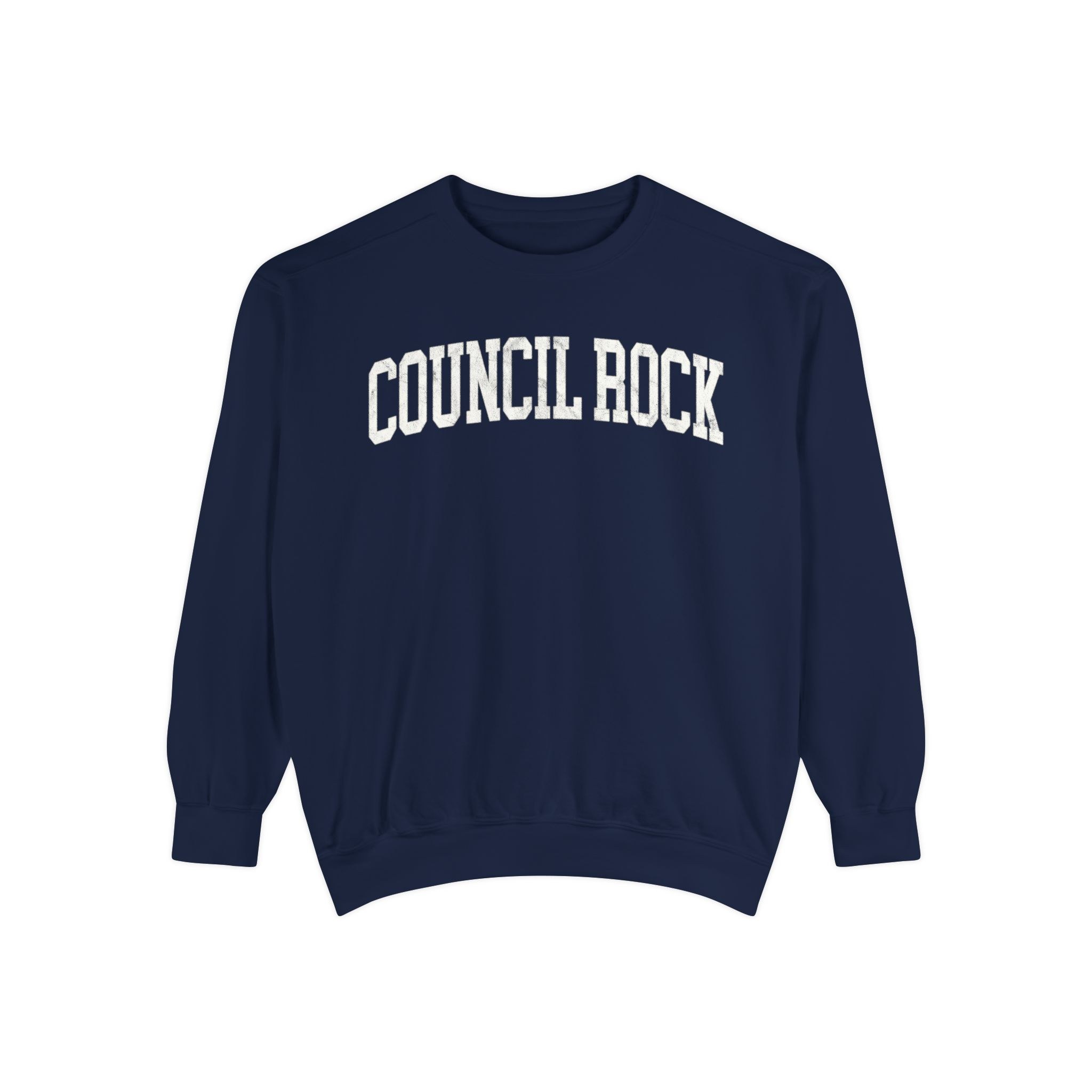 Council Rock Garment-Dyed Crewneck in Boathouse Blue, front — COUNCIL ROCK lettering