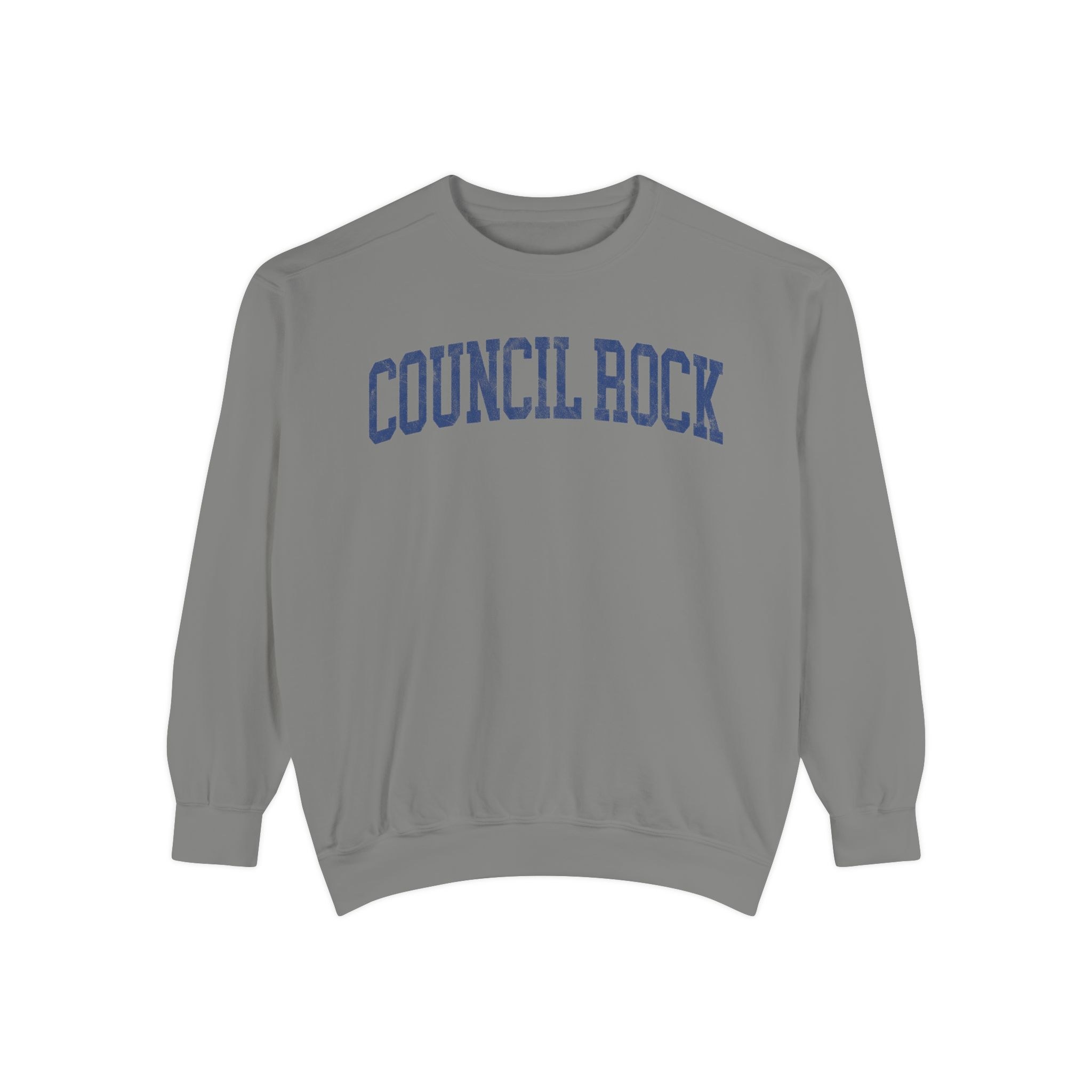 Council Rock Garment-Dyed Crewneck in Dusting, front — COUNCIL ROCK lettering