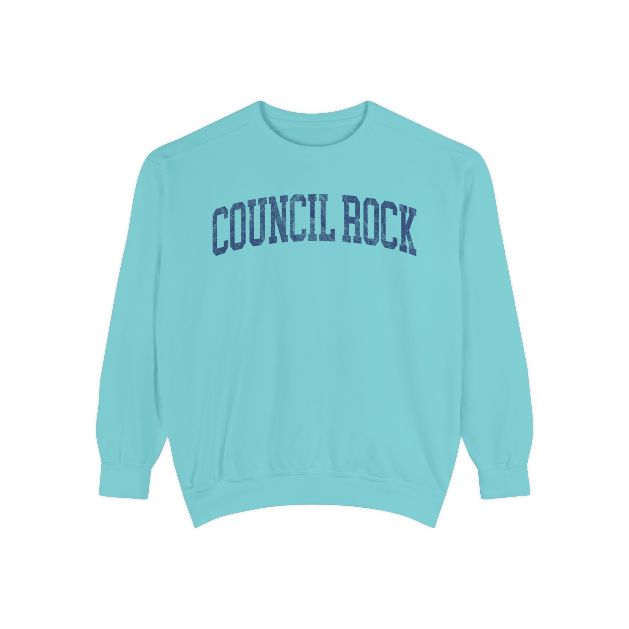 Council Rock Garment-Dyed Crewneck in Light Ice, front — COUNCIL ROCK lettering