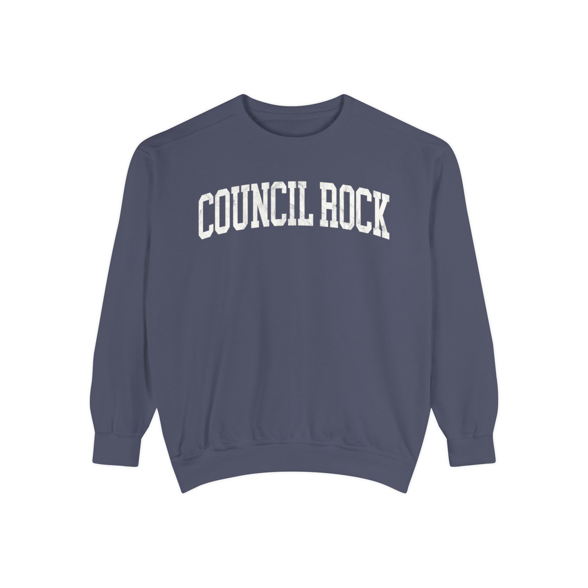 Council Rock Garment-Dyed Crewneck in Predawn, front — COUNCIL ROCK lettering