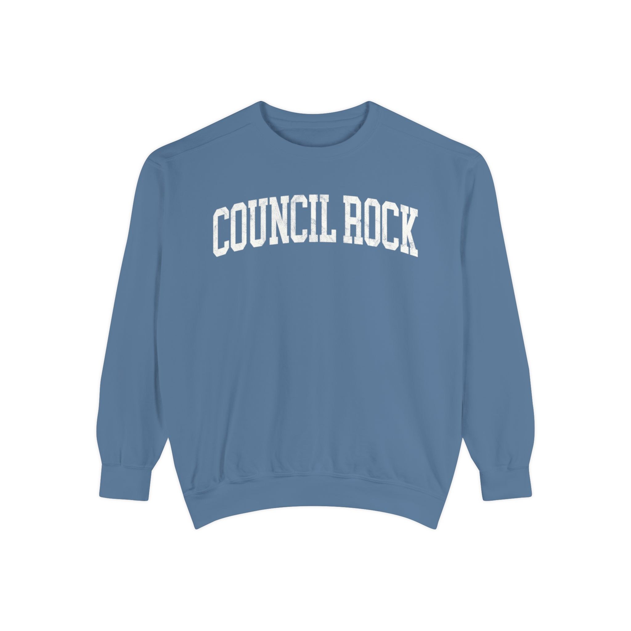 Council Rock Garment-Dyed Crewneck in Samantha Blue, front — COUNCIL ROCK lettering