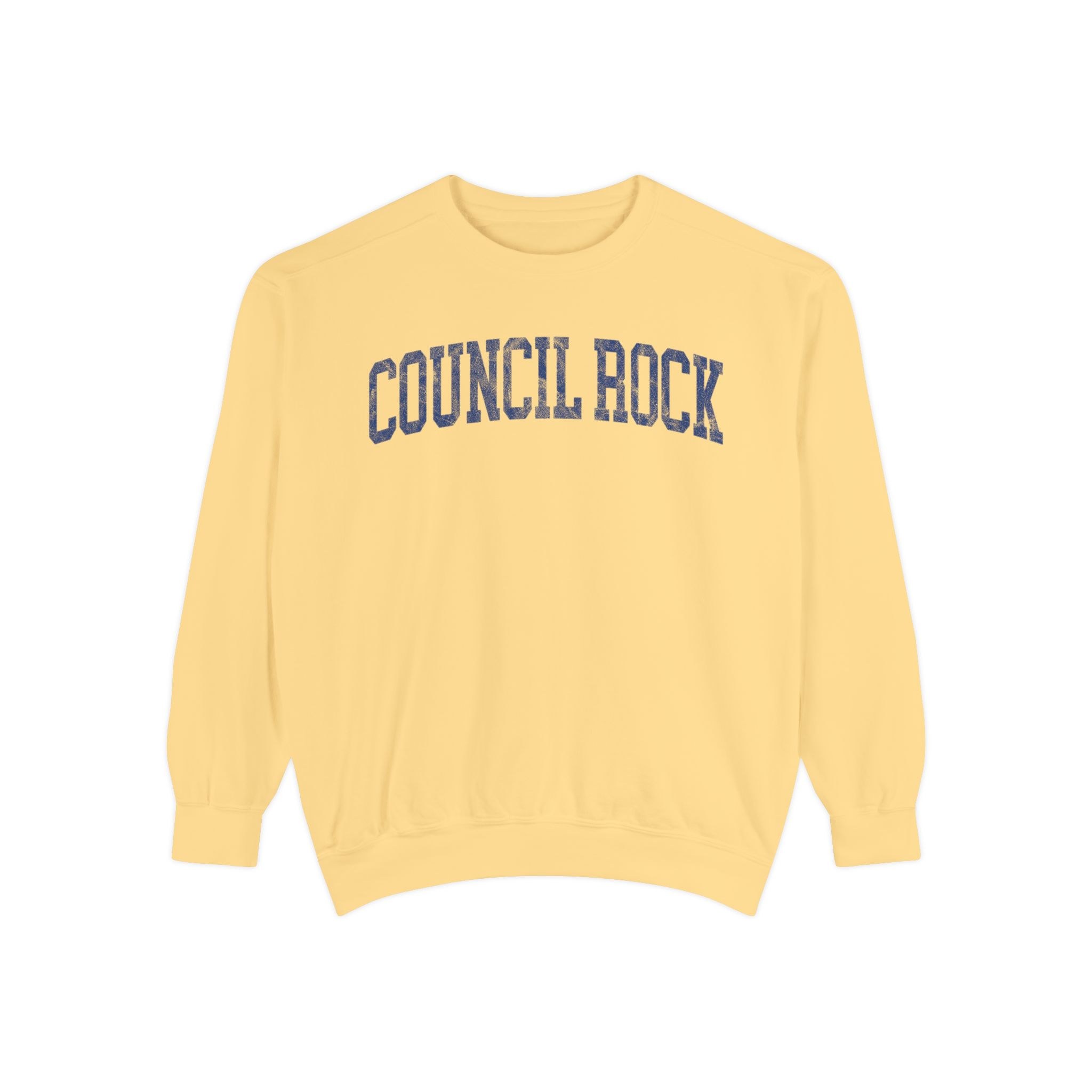 Council Rock Garment-Dyed Crewneck in Unsalted, front — COUNCIL ROCK lettering