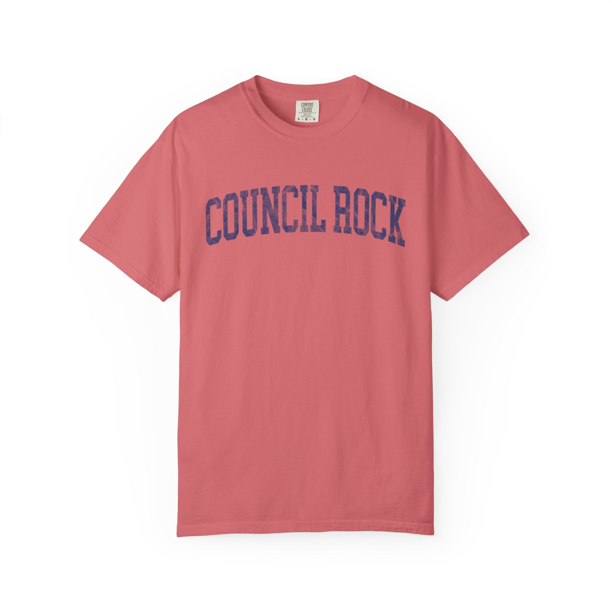 Council Rock Garment-Dyed Tee in Strawberry Cloud, front — COUNCIL ROCK lettering
