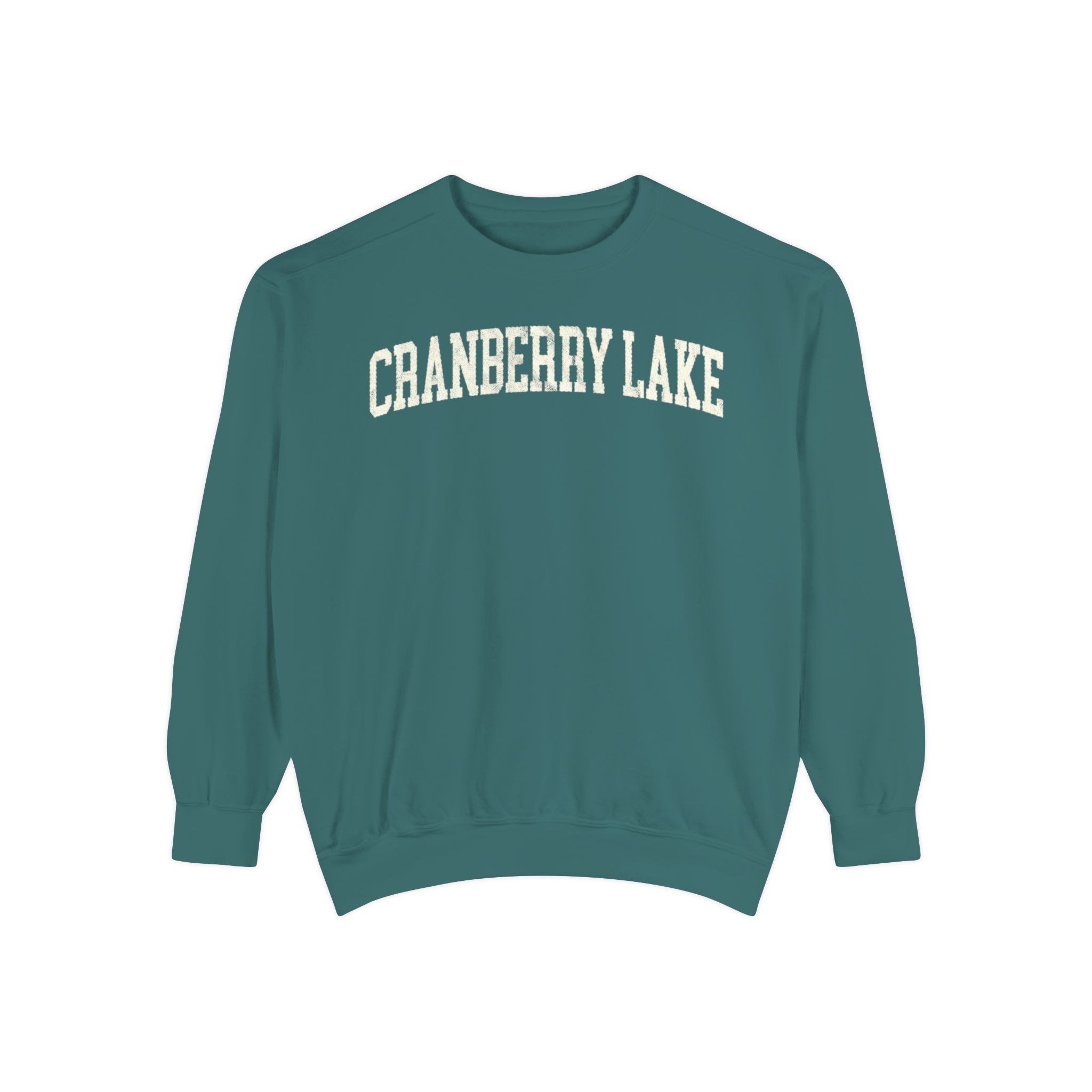 Cranberry Lake Garment-Dyed Crewneck in Blue Spruce, front — CRANBERRY LAKE lettering