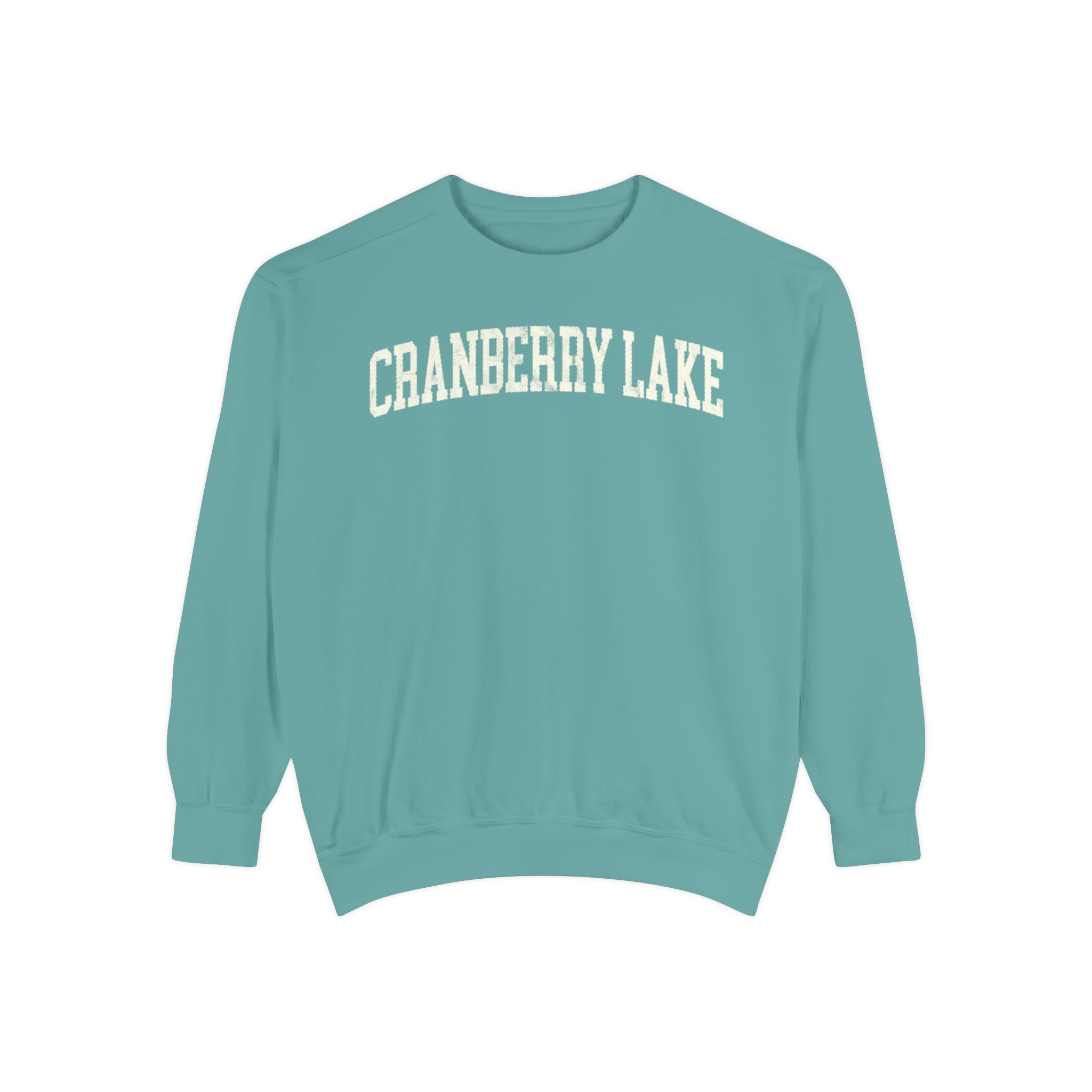 Cranberry Lake Garment-Dyed Crewneck in Erie Blue, front — CRANBERRY LAKE lettering