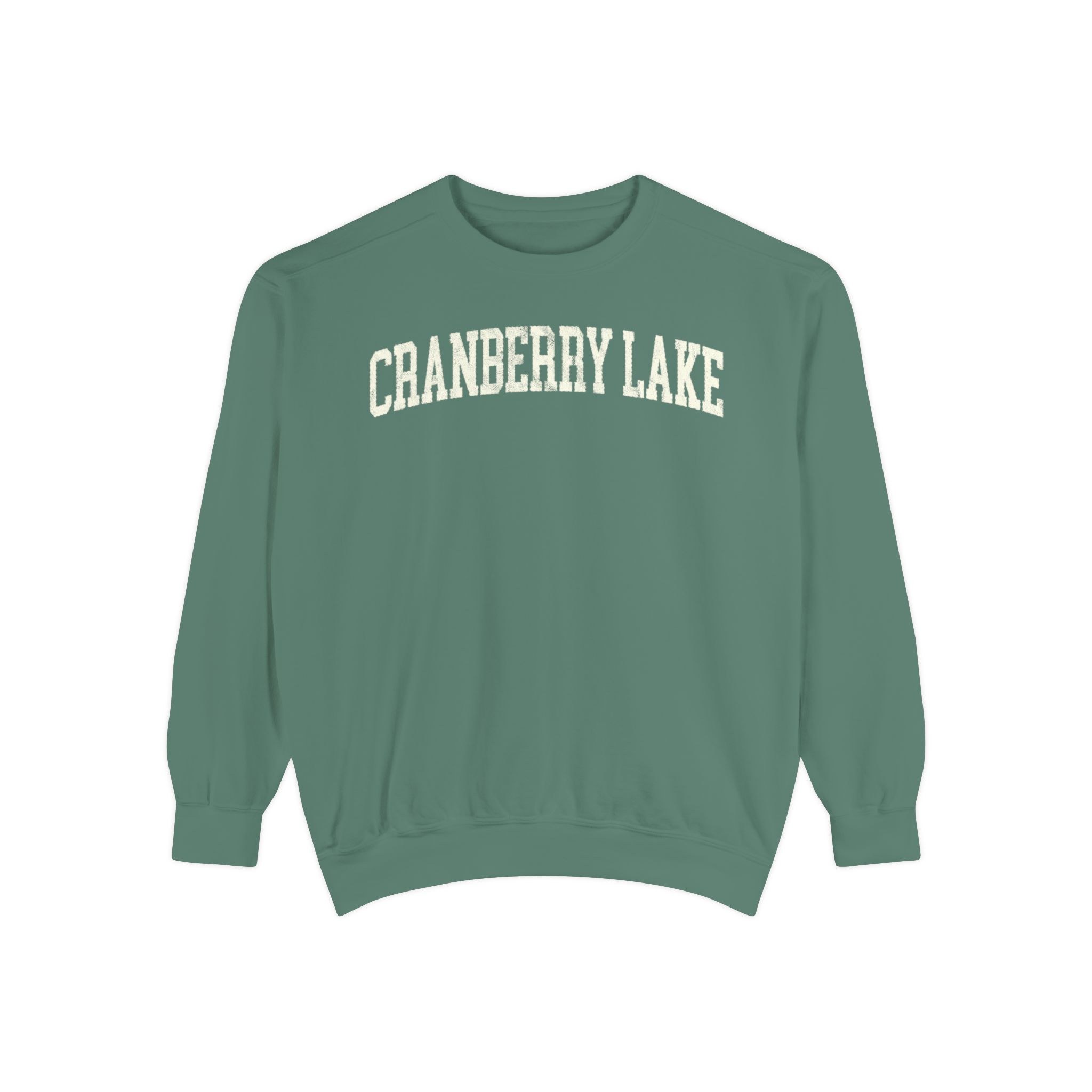 Cranberry Lake Garment-Dyed Crewneck in Light Green, front — CRANBERRY LAKE lettering