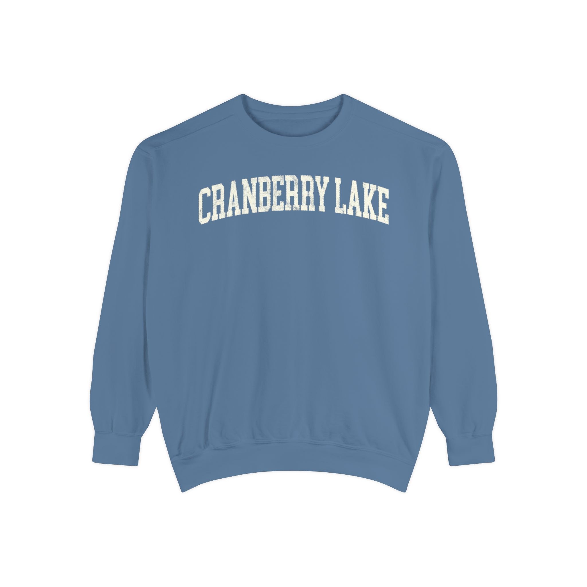 Cranberry Lake Garment-Dyed Crewneck in Samantha Blue, front — CRANBERRY LAKE lettering