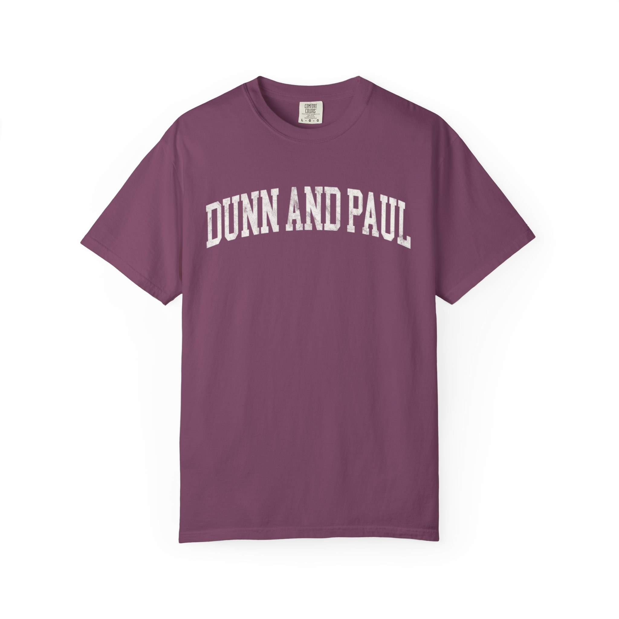 Dunn and Paul Garment-Dyed Tee in Açai Berry, front — DUNN AND PAUL lettering
