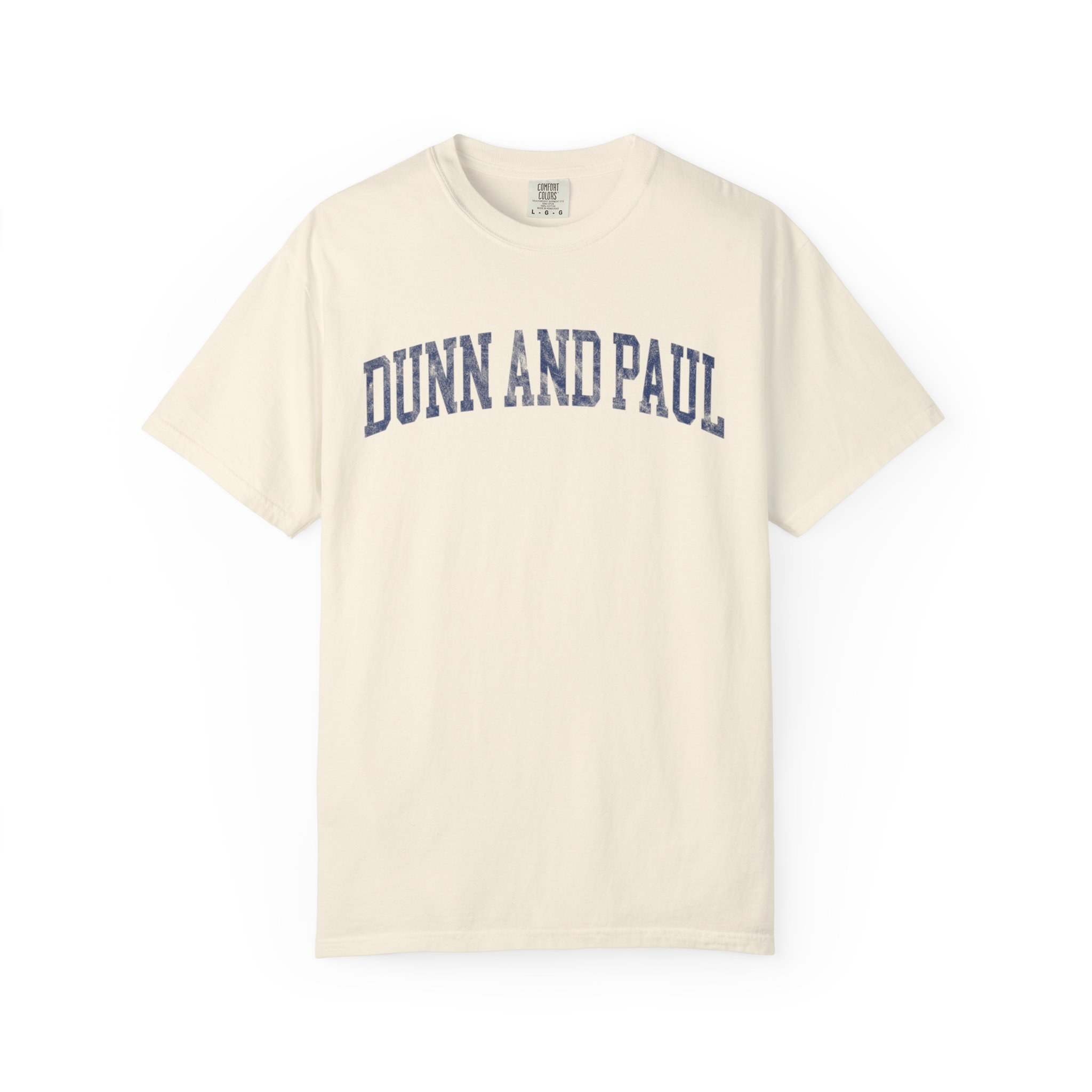 Dunn and Paul Garment-Dyed Tee in Crème Fraîche, front — DUNN AND PAUL lettering