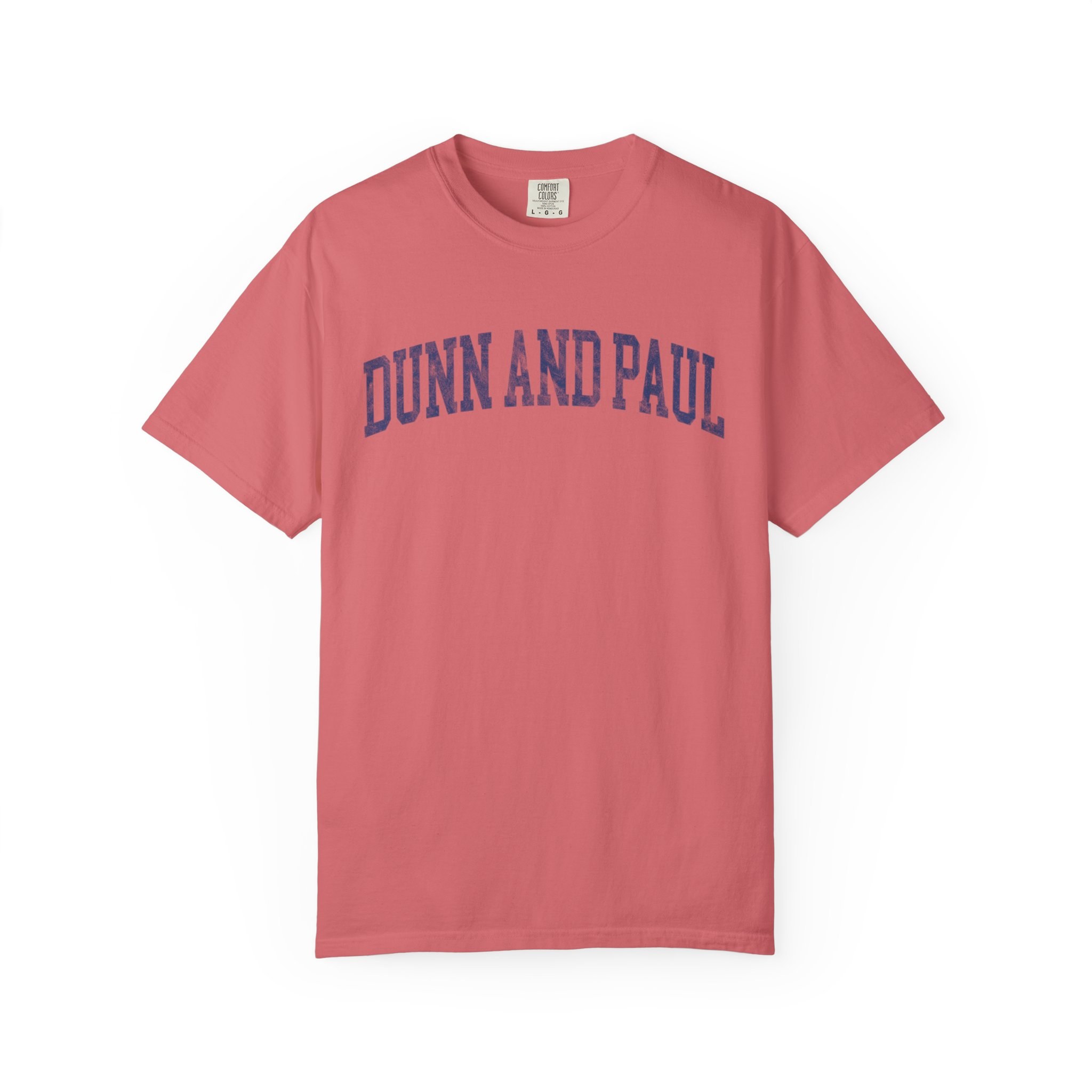 Dunn and Paul Garment-Dyed Tee in Strawberry Cloud, front — DUNN AND PAUL lettering