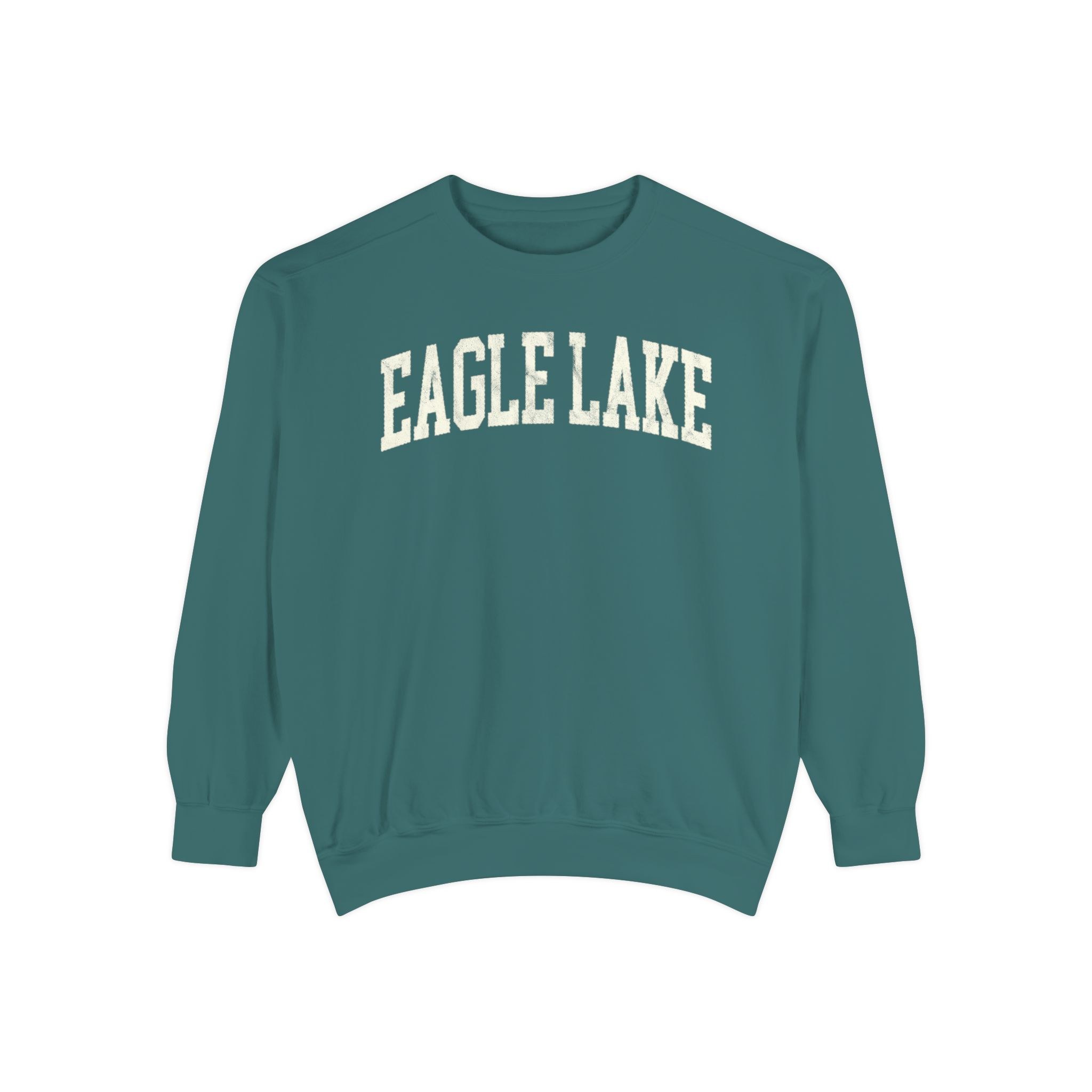 Eagle Lake Garment-Dyed Crewneck in Blue Spruce, front — EAGLE LAKE lettering