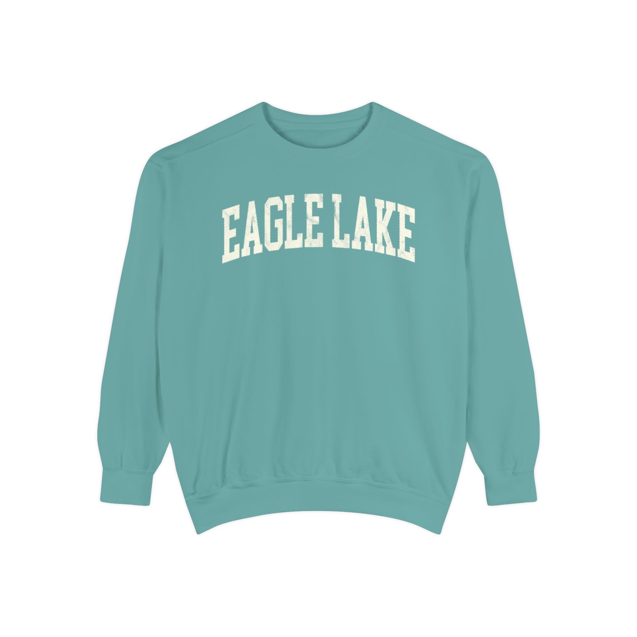 Eagle Lake Garment-Dyed Crewneck in Erie Blue, front — EAGLE LAKE lettering