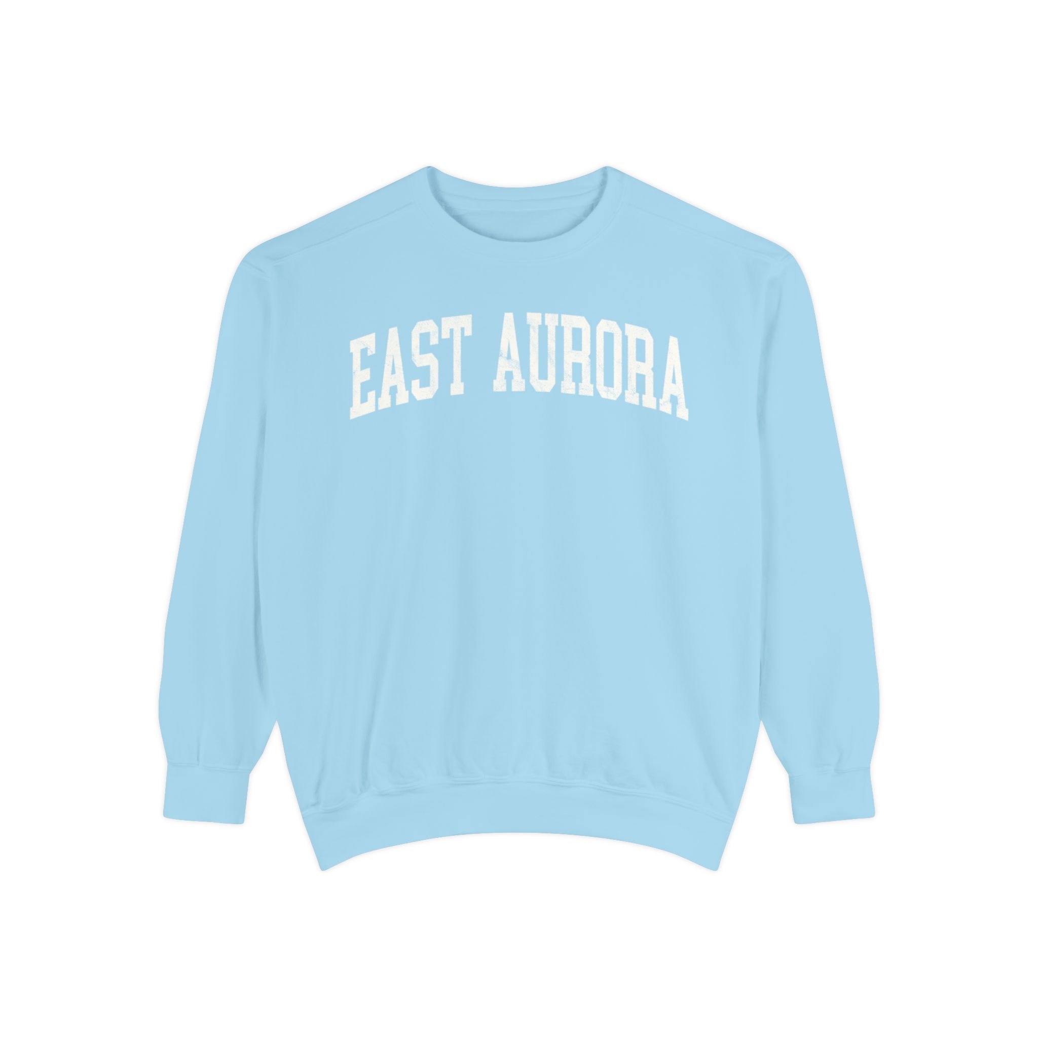East Aurora Garment-Dyed Crewneck in Blueberry Milk, front — EAST AURORA lettering