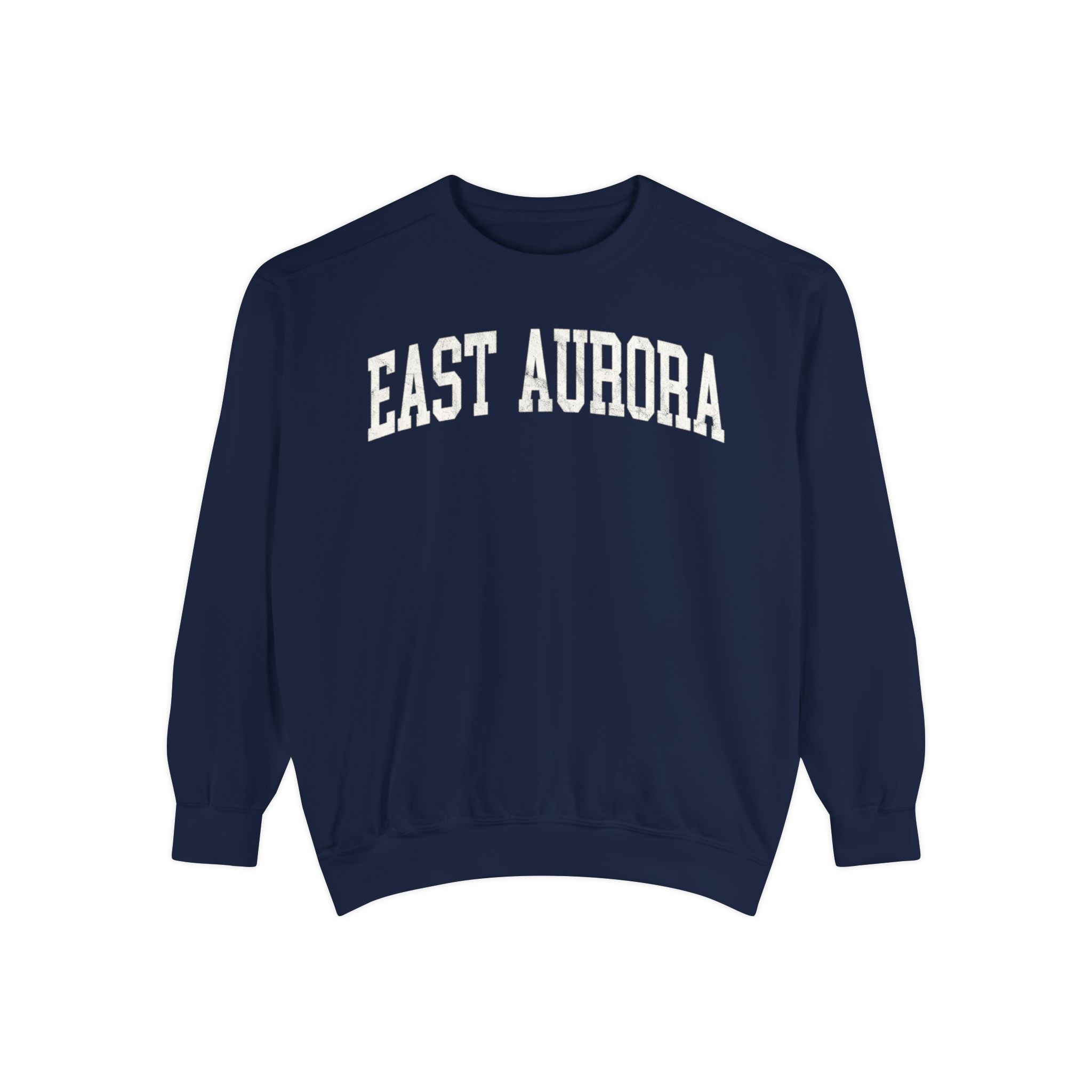 East Aurora Garment-Dyed Crewneck in Boathouse Blue, front — EAST AURORA lettering