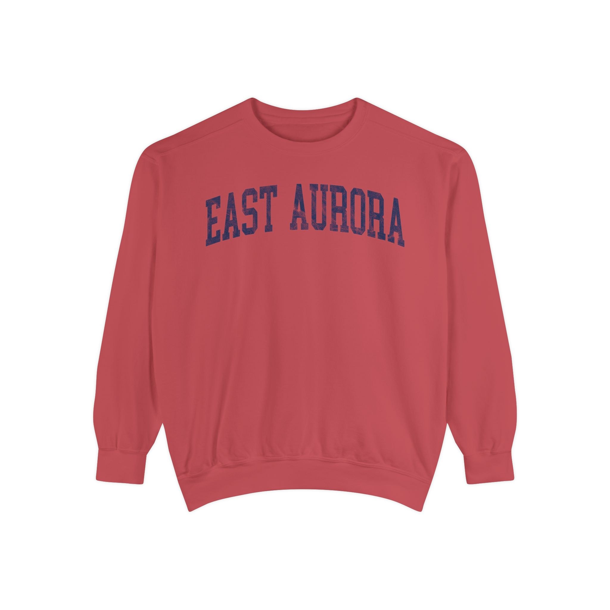 East Aurora Garment-Dyed Crewneck in Collegiate Crimson, front — EAST AURORA lettering
