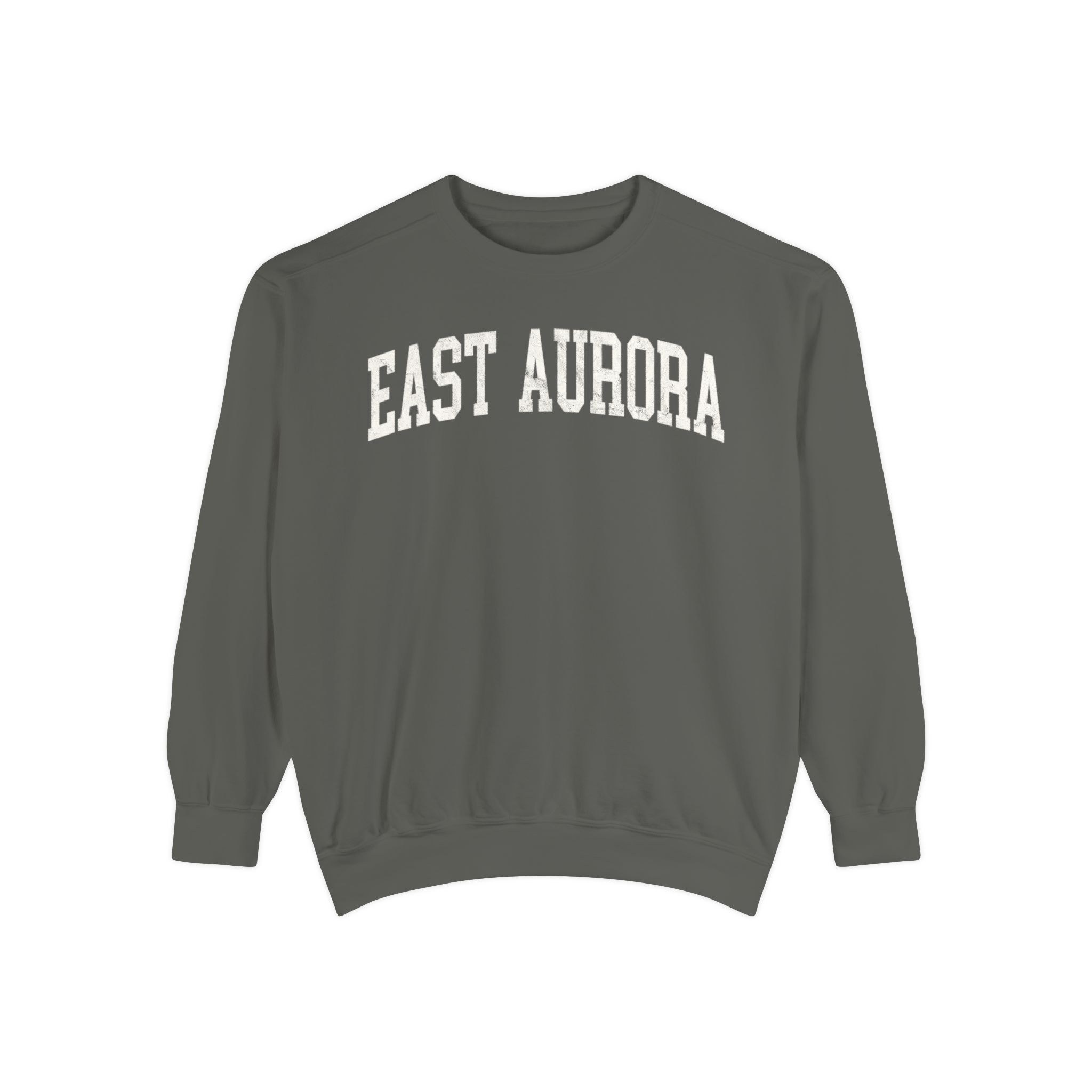 East Aurora Garment-Dyed Crewneck in Concrete, front — EAST AURORA lettering