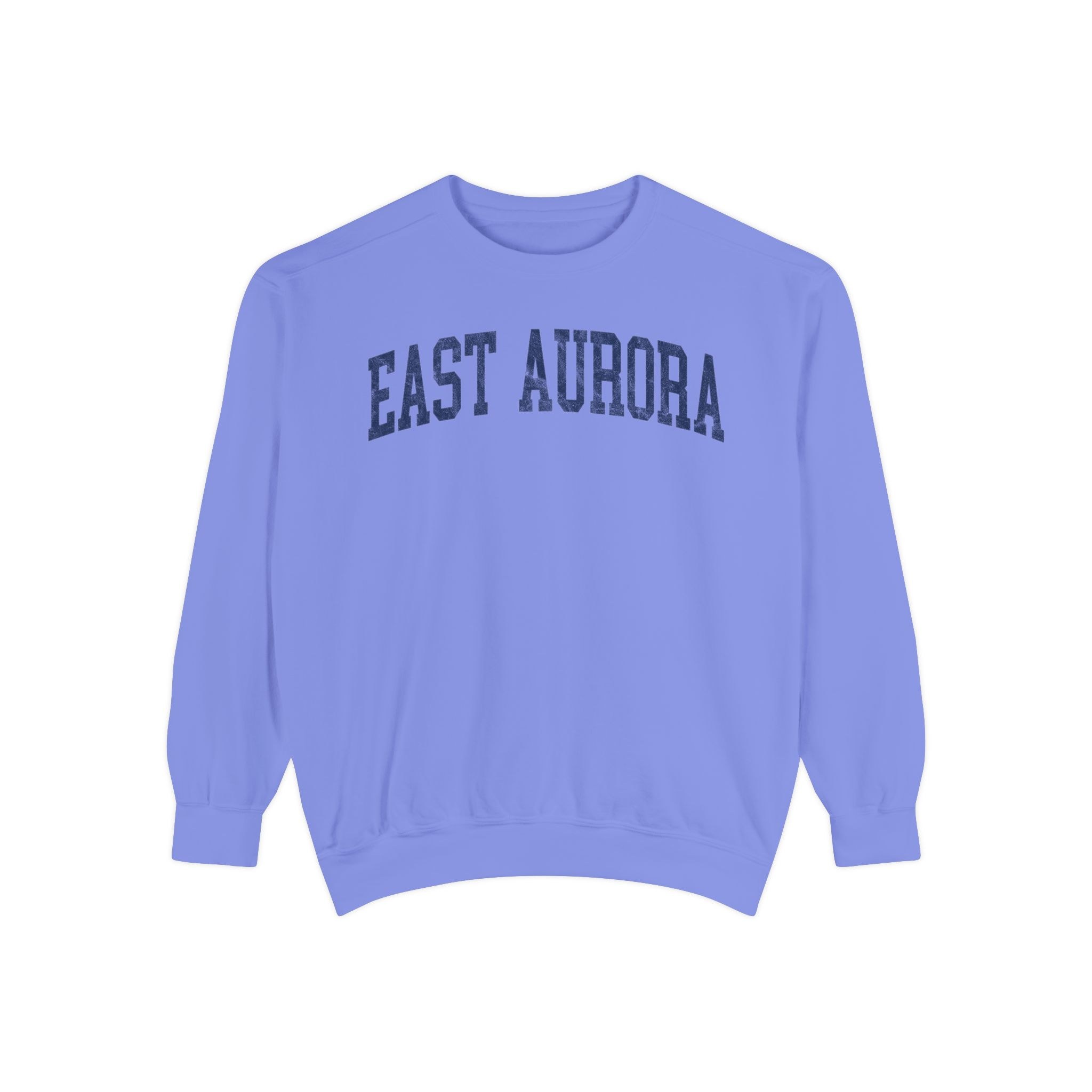 East Aurora Garment-Dyed Crewneck in Conesus Blue, front — EAST AURORA lettering