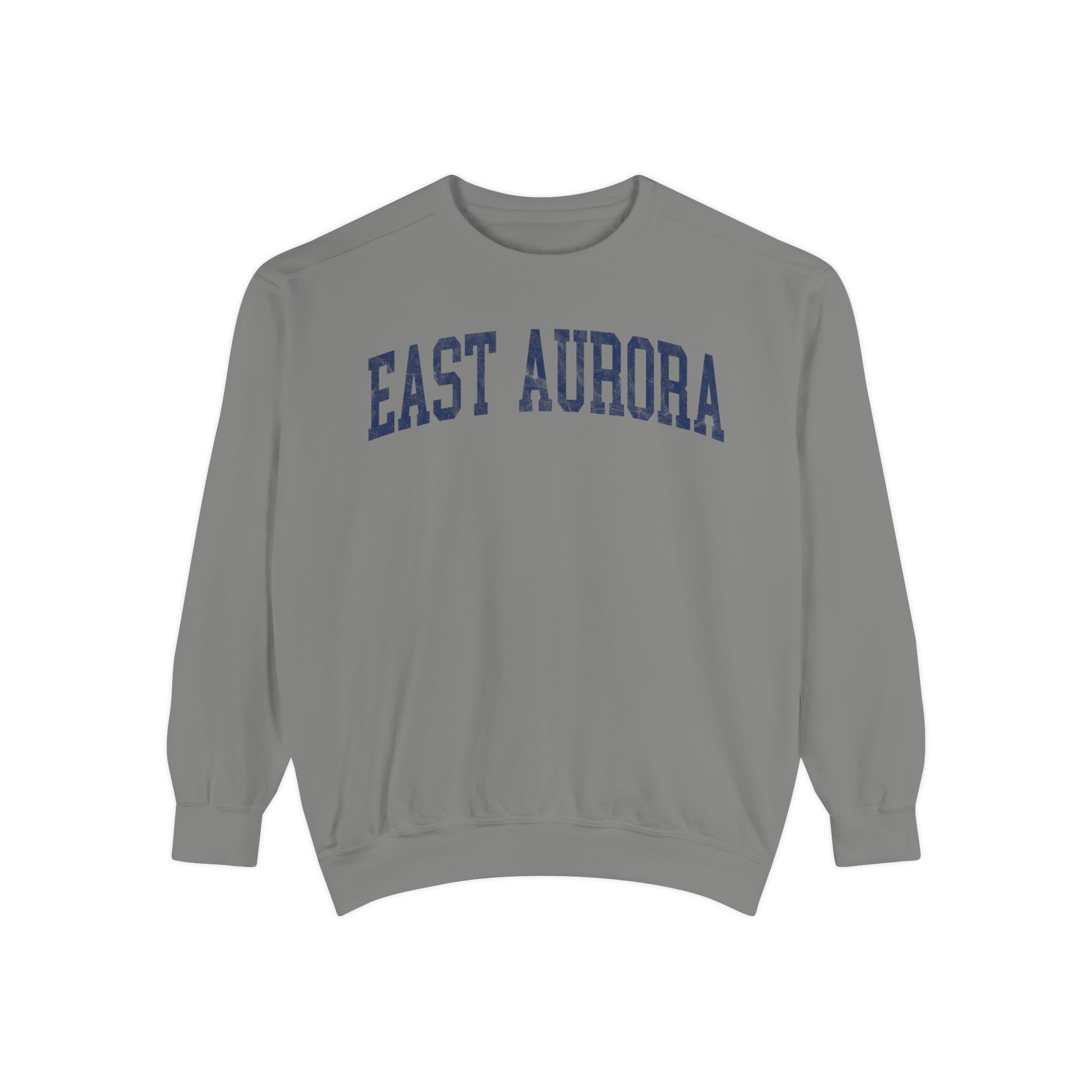 East Aurora Garment-Dyed Crewneck in Dusting, front — EAST AURORA lettering