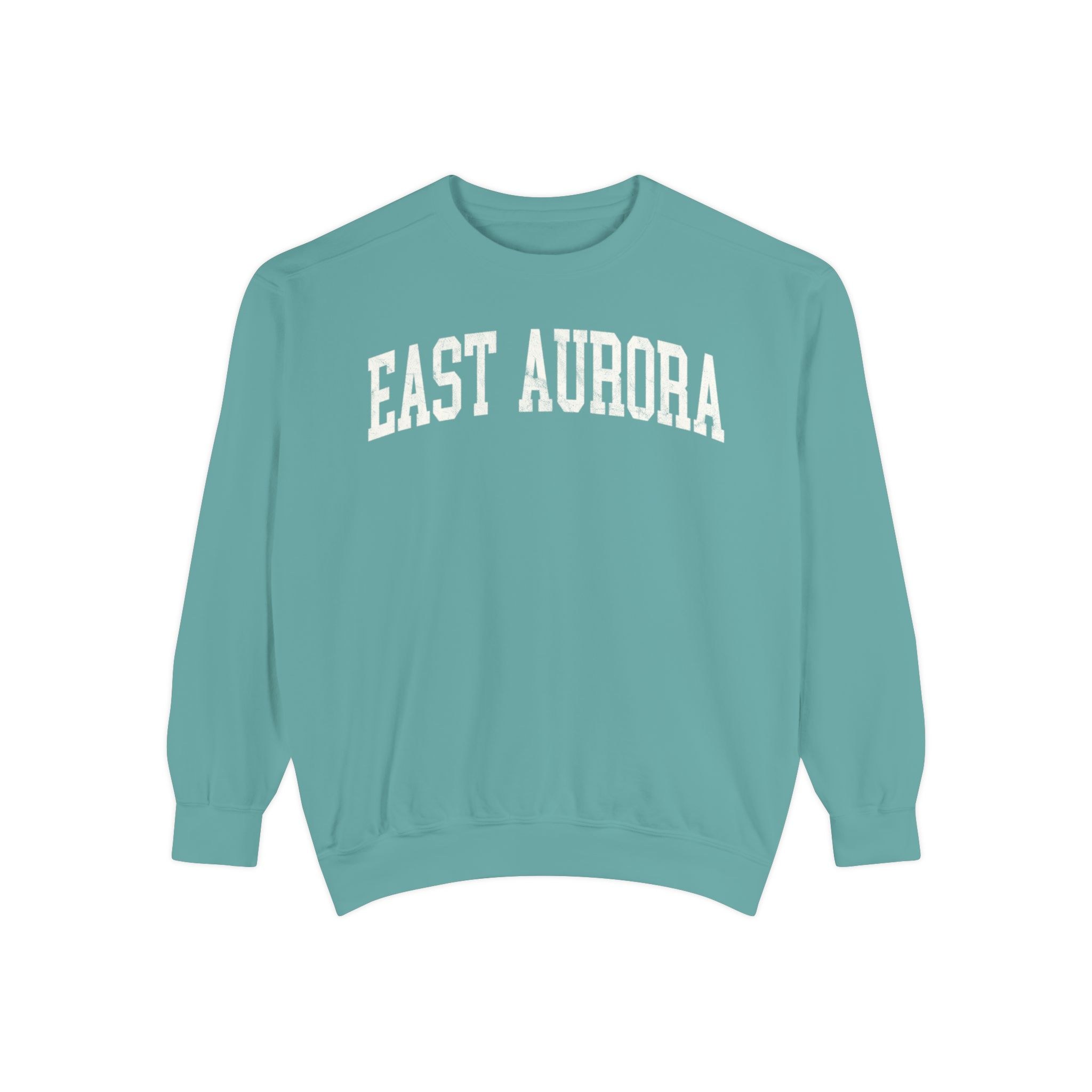 East Aurora Garment-Dyed Crewneck in Erie Blue, front — EAST AURORA lettering