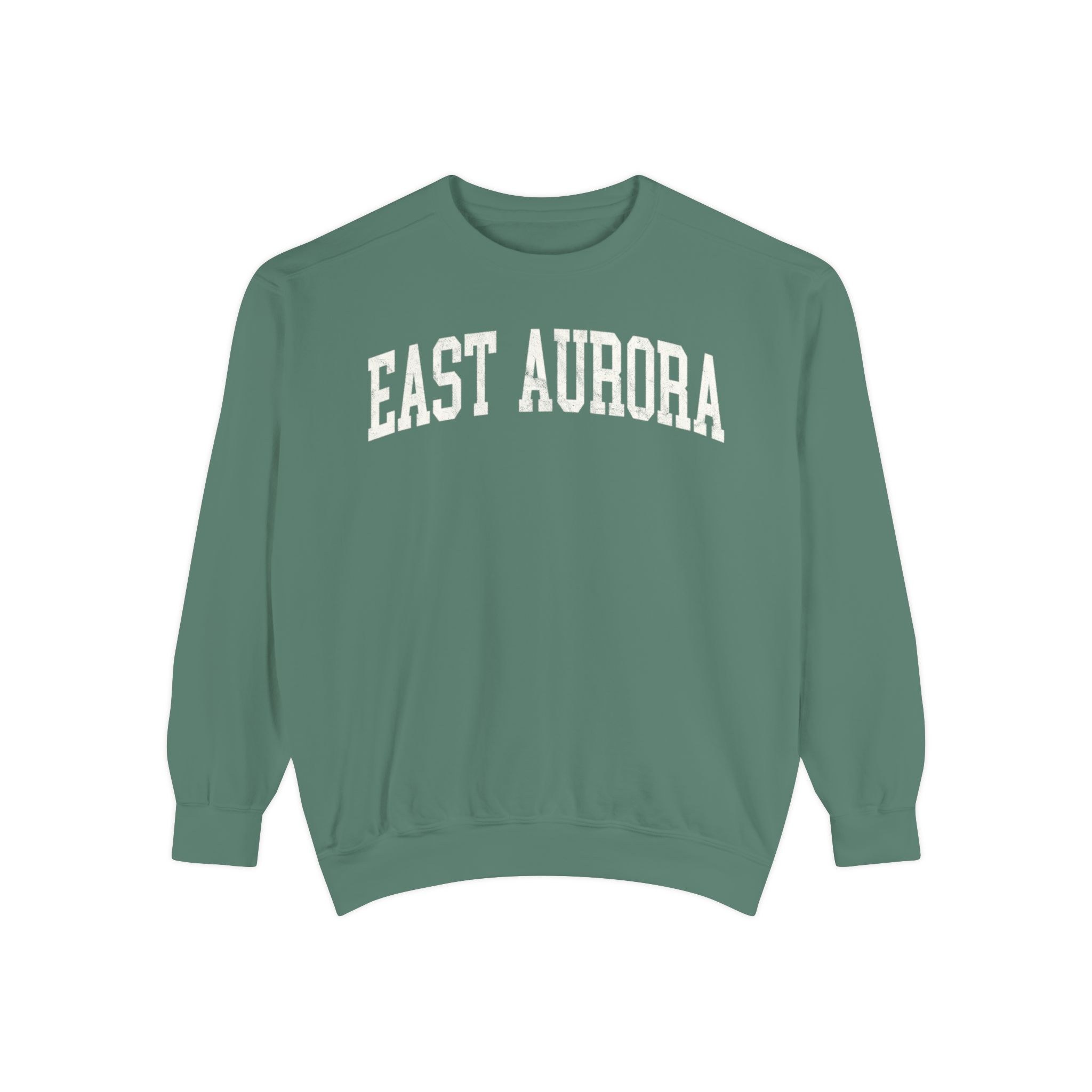 East Aurora Garment-Dyed Crewneck in Light Green, front — EAST AURORA lettering