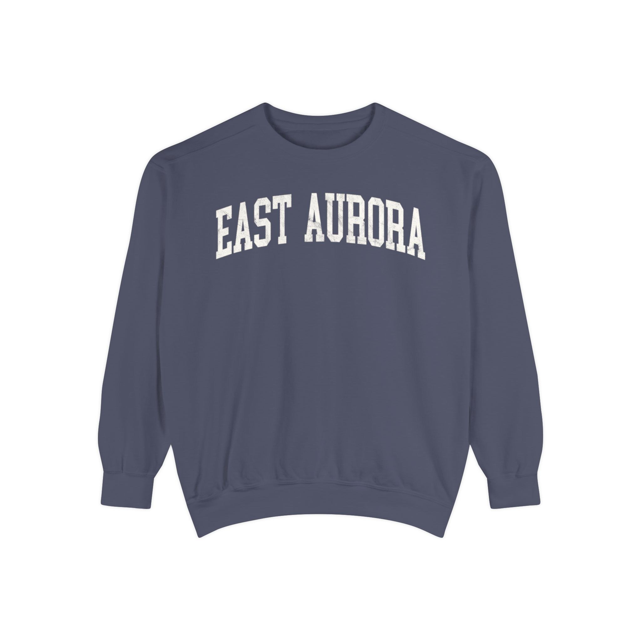 East Aurora Garment-Dyed Crewneck in Predawn, front — EAST AURORA lettering