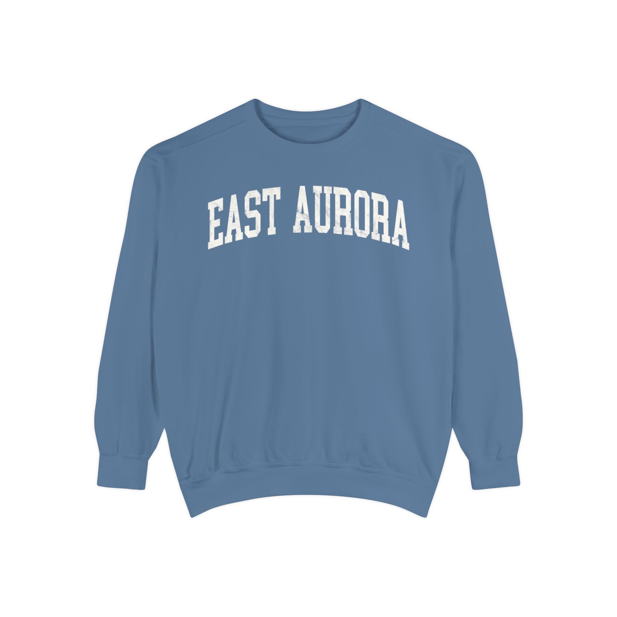 East Aurora Garment-Dyed Crewneck in Samantha Blue, front — EAST AURORA lettering