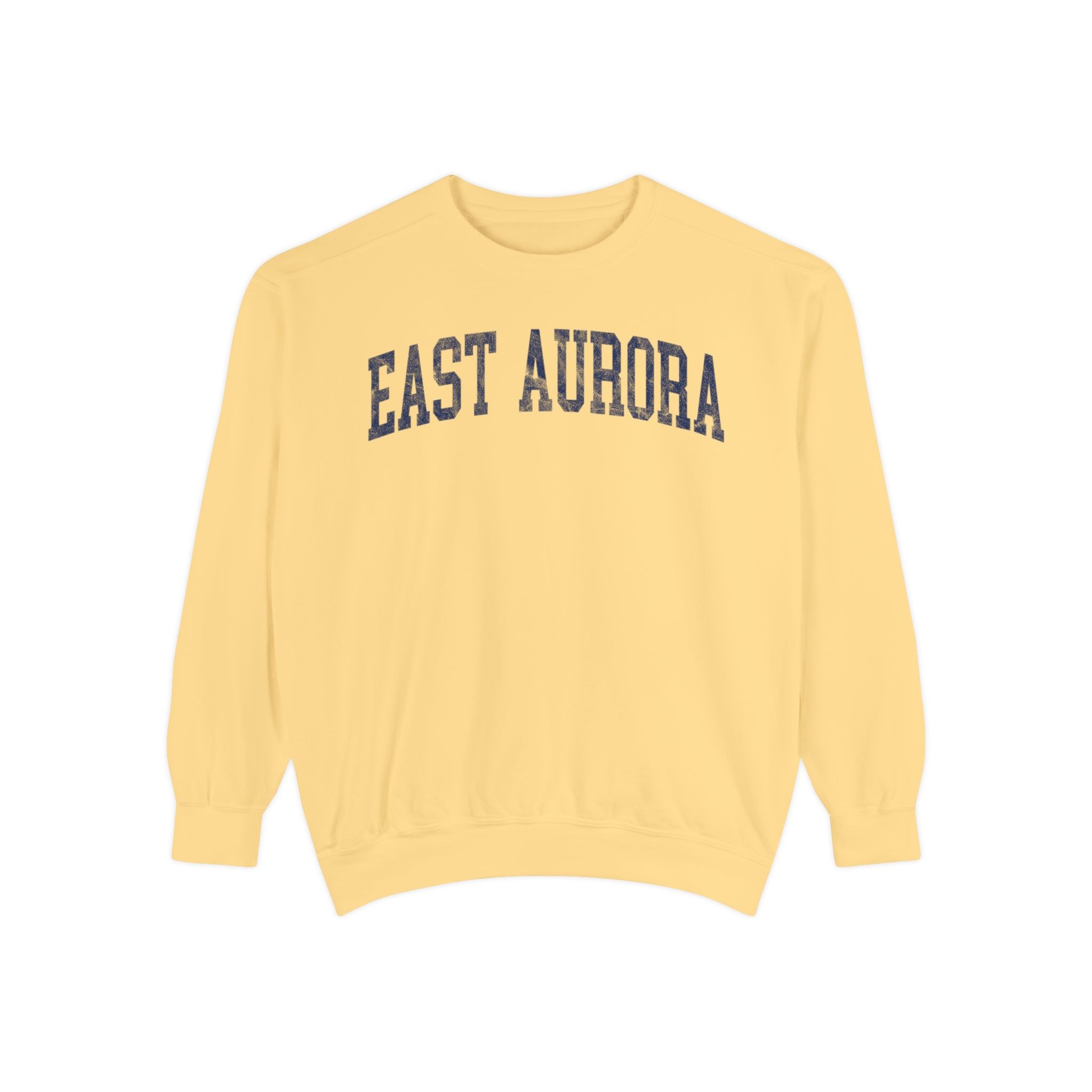 East Aurora Garment-Dyed Crewneck in Unsalted, front — EAST AURORA lettering