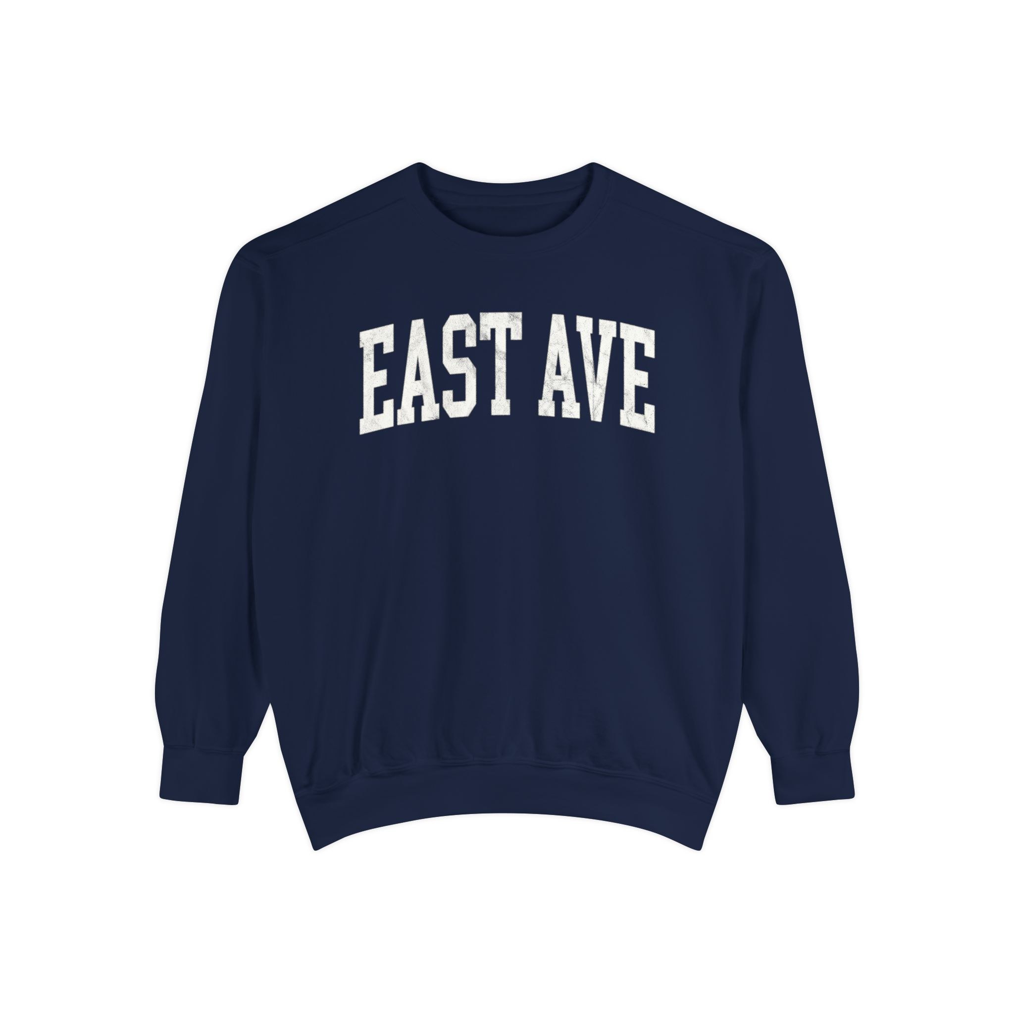 East Ave Garment-Dyed Crewneck in Boathouse Blue, front — EAST AVE lettering