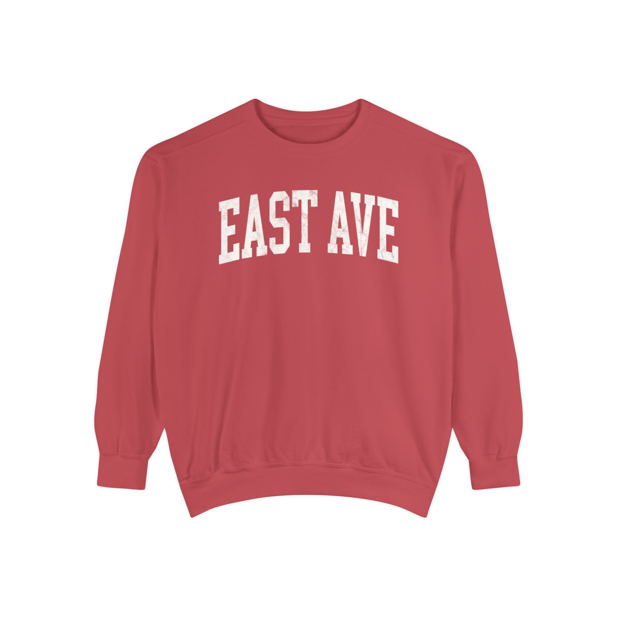 East Ave Garment-Dyed Crewneck in Collegiate Crimson, front — EAST AVE lettering