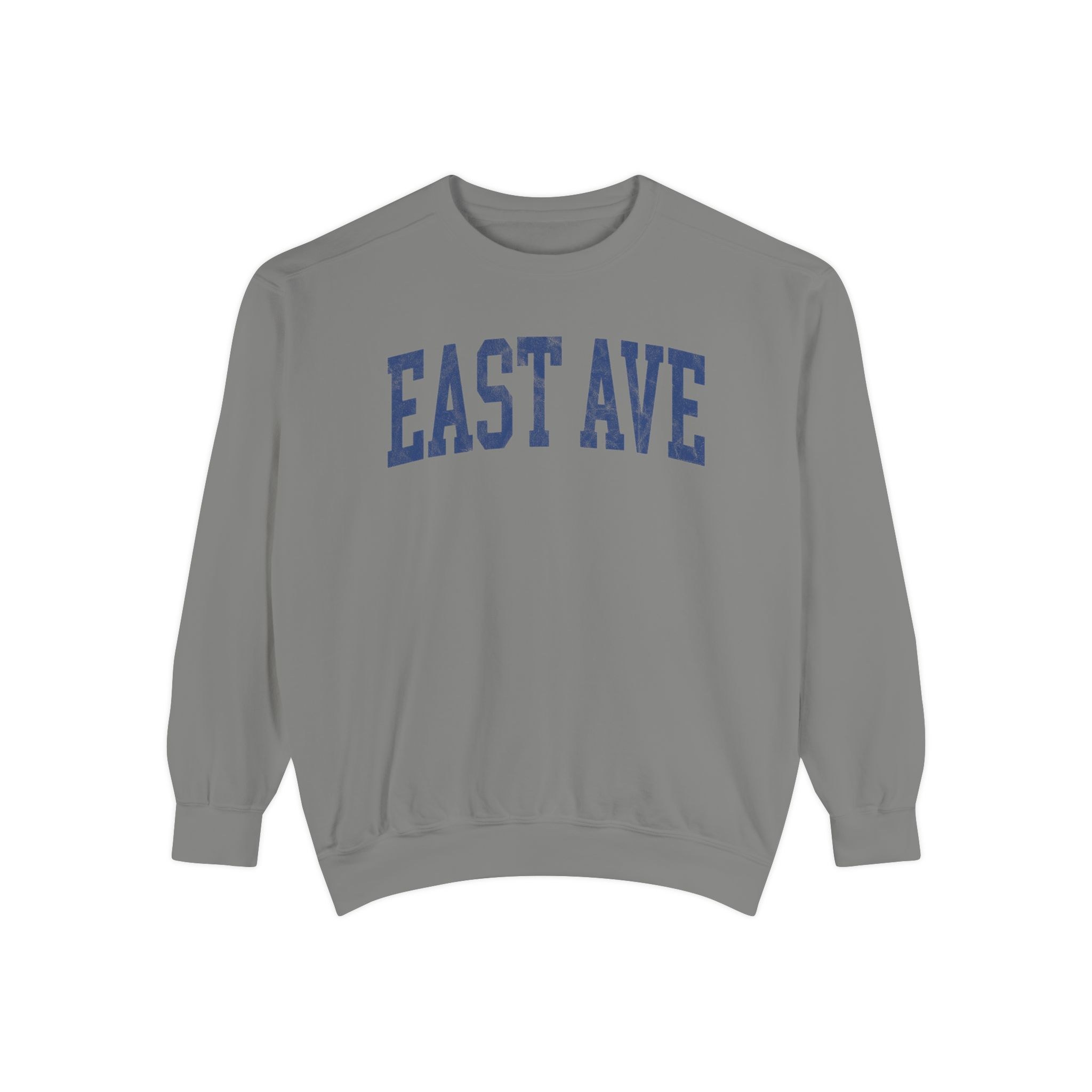 East Ave Garment-Dyed Crewneck in Dusting, front — EAST AVE lettering
