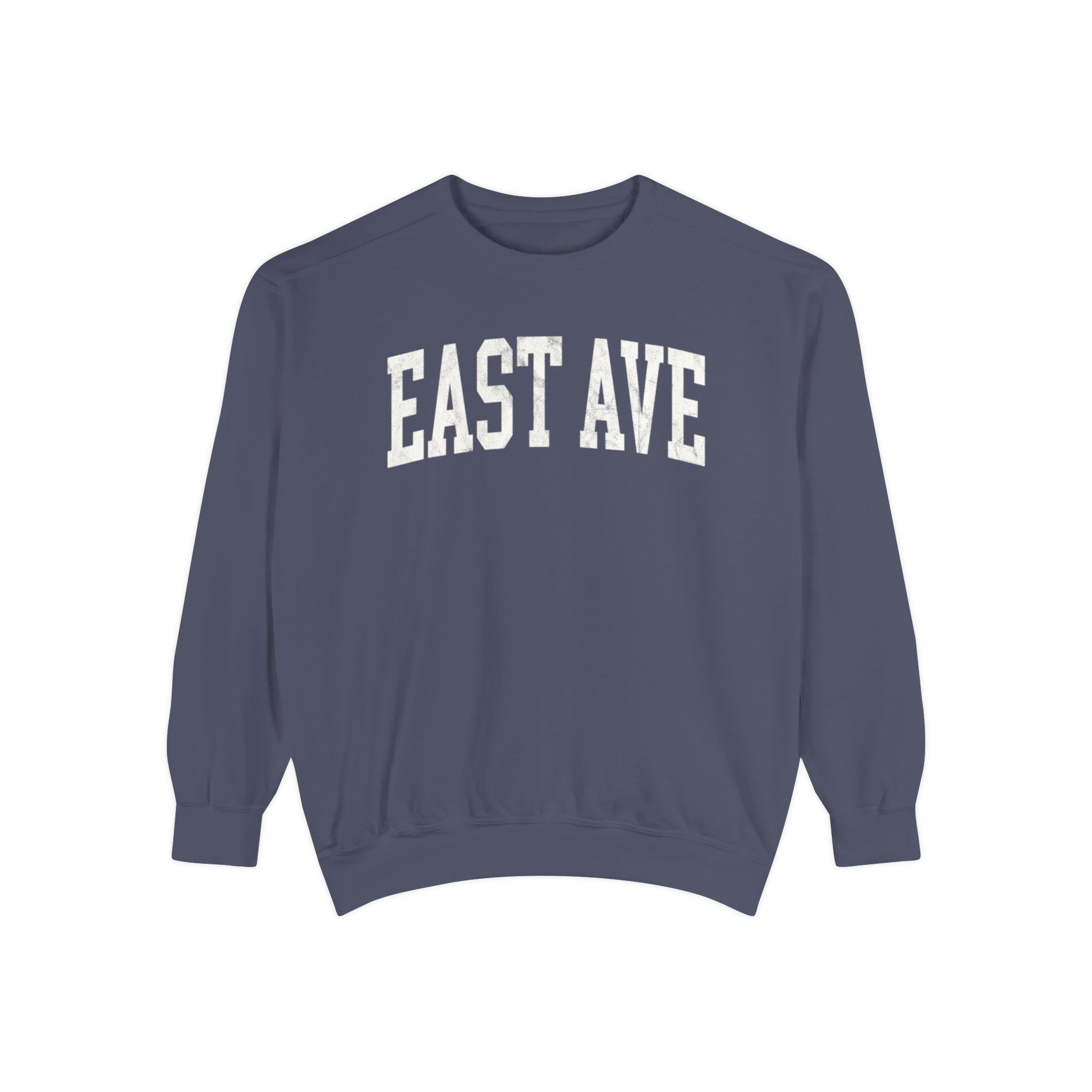 East Ave Garment-Dyed Crewneck in Predawn, front — EAST AVE lettering