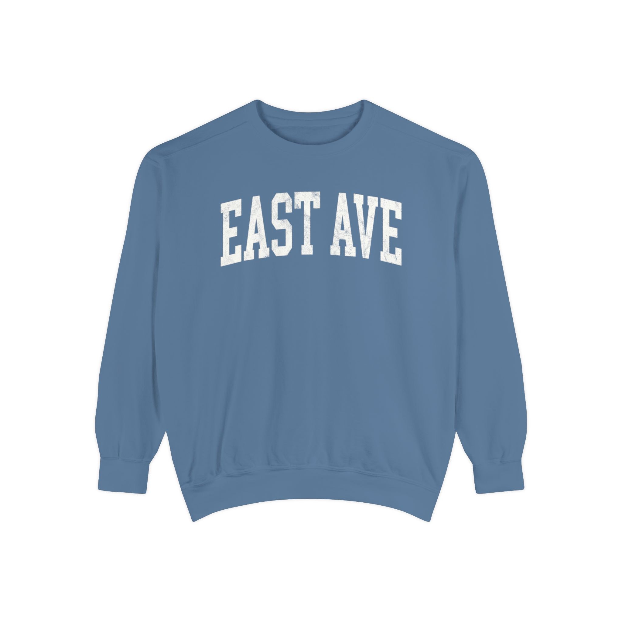 East Ave Garment-Dyed Crewneck in Samantha Blue, front — EAST AVE lettering