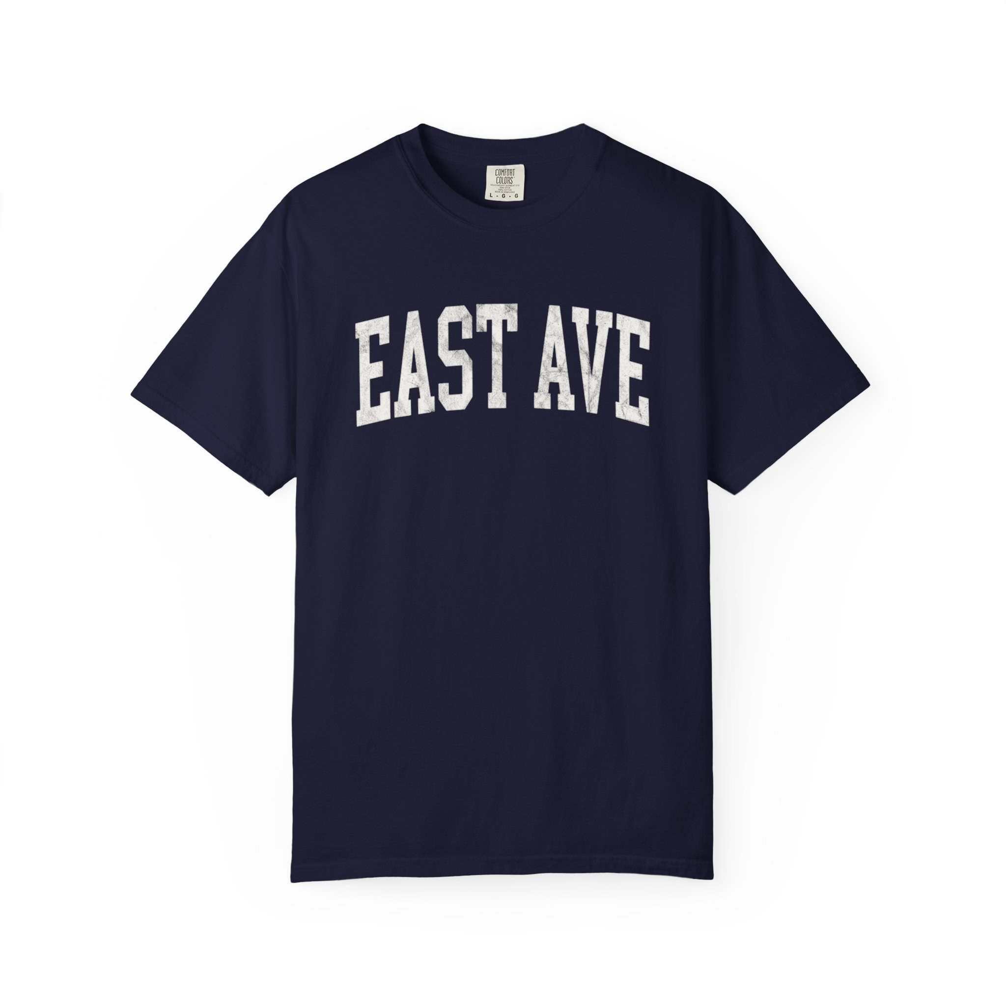 East Ave Garment-Dyed Tee in Boathouse Blue, front — EAST AVE lettering