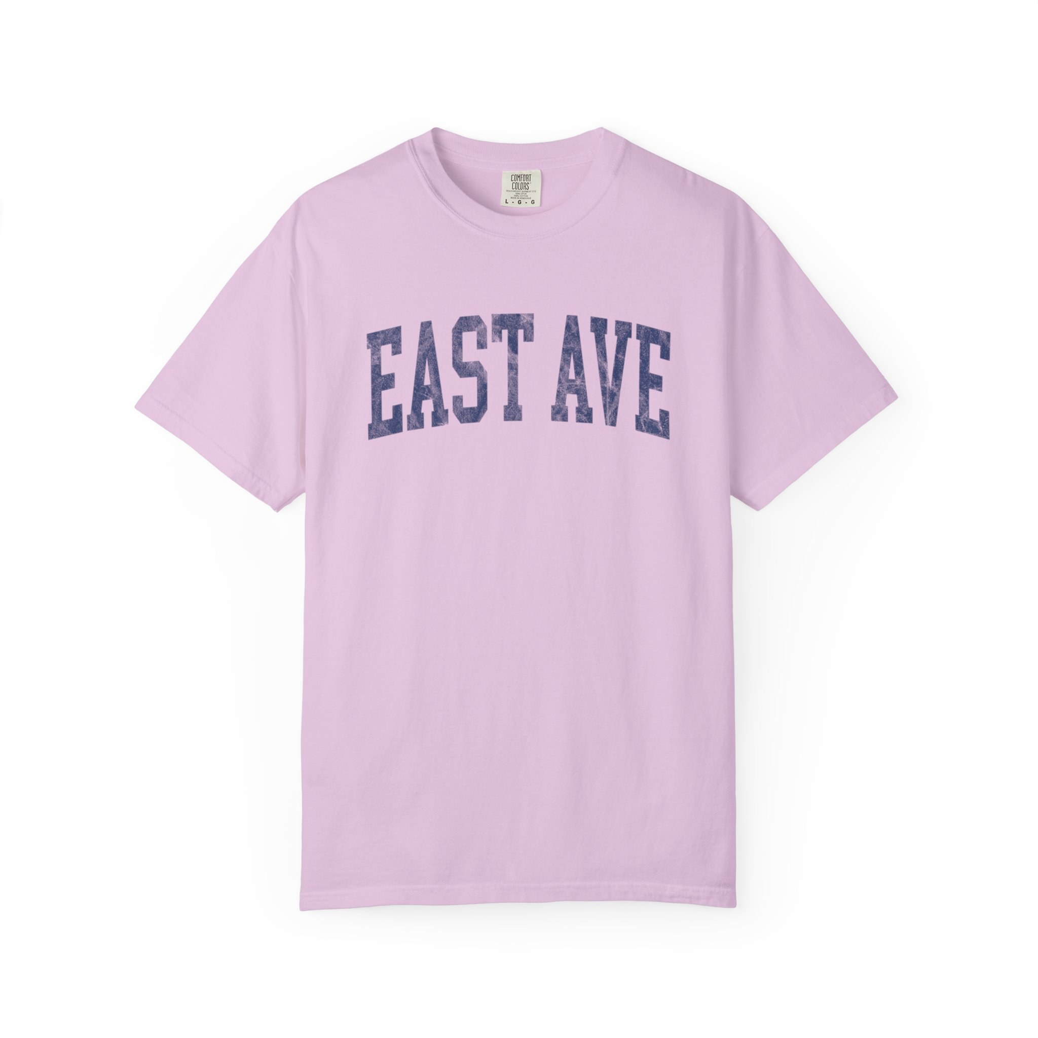 East Ave Garment-Dyed Tee in Lilac Szn, front — EAST AVE lettering